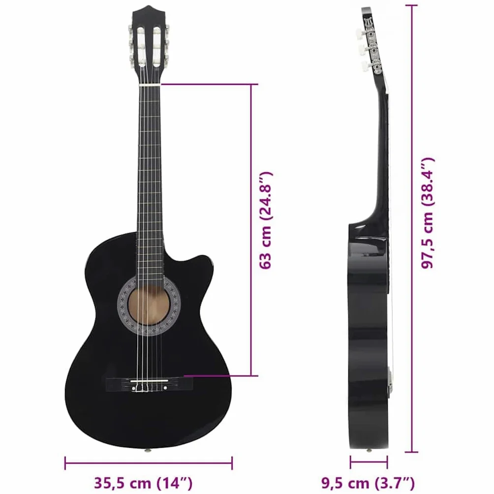 vidaXL Gitara klasyczna z wycięciem, 6 strun, czarna, 38"