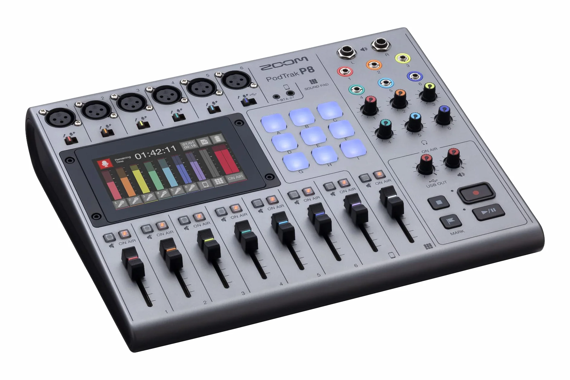 Rejestrator podcastów ZOOM PodTrak P8, 13-ścieżkowe studio mikserskie, 6 wejść mikrofonowych XLR z zasilaniem phantom, interfejs audio USB do profesjonalnych nagrań podcastów, kolorowy ekran dotykowy