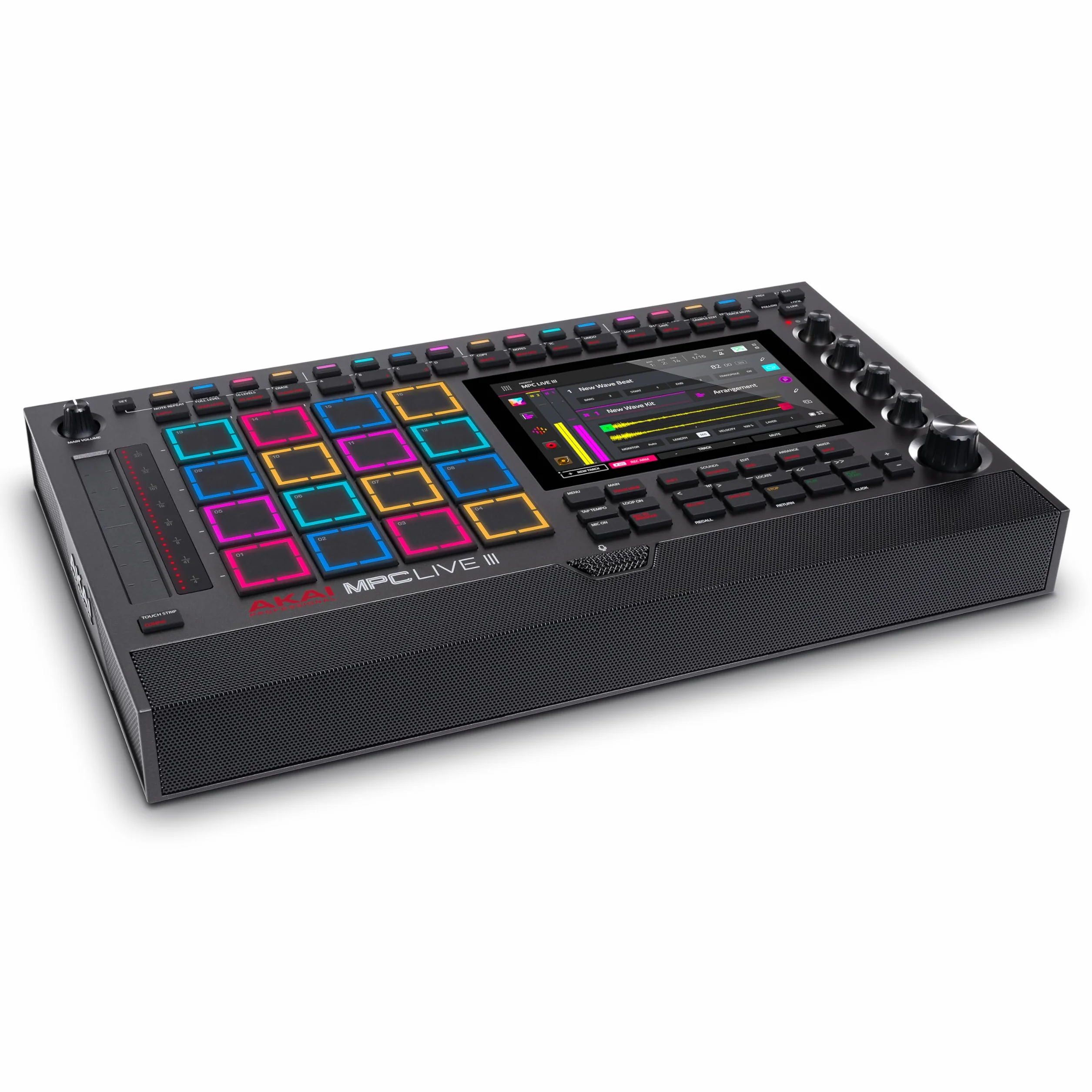 Akai Professional MPC Live III Przenośne centrum produkcji muzycznej z padami MPCe, sekwencerem, ekranem dotykowym, mikrofonem, monitorami, interfejsem audio, Wi-Fi, Bluetooth, baterią, touchstripem