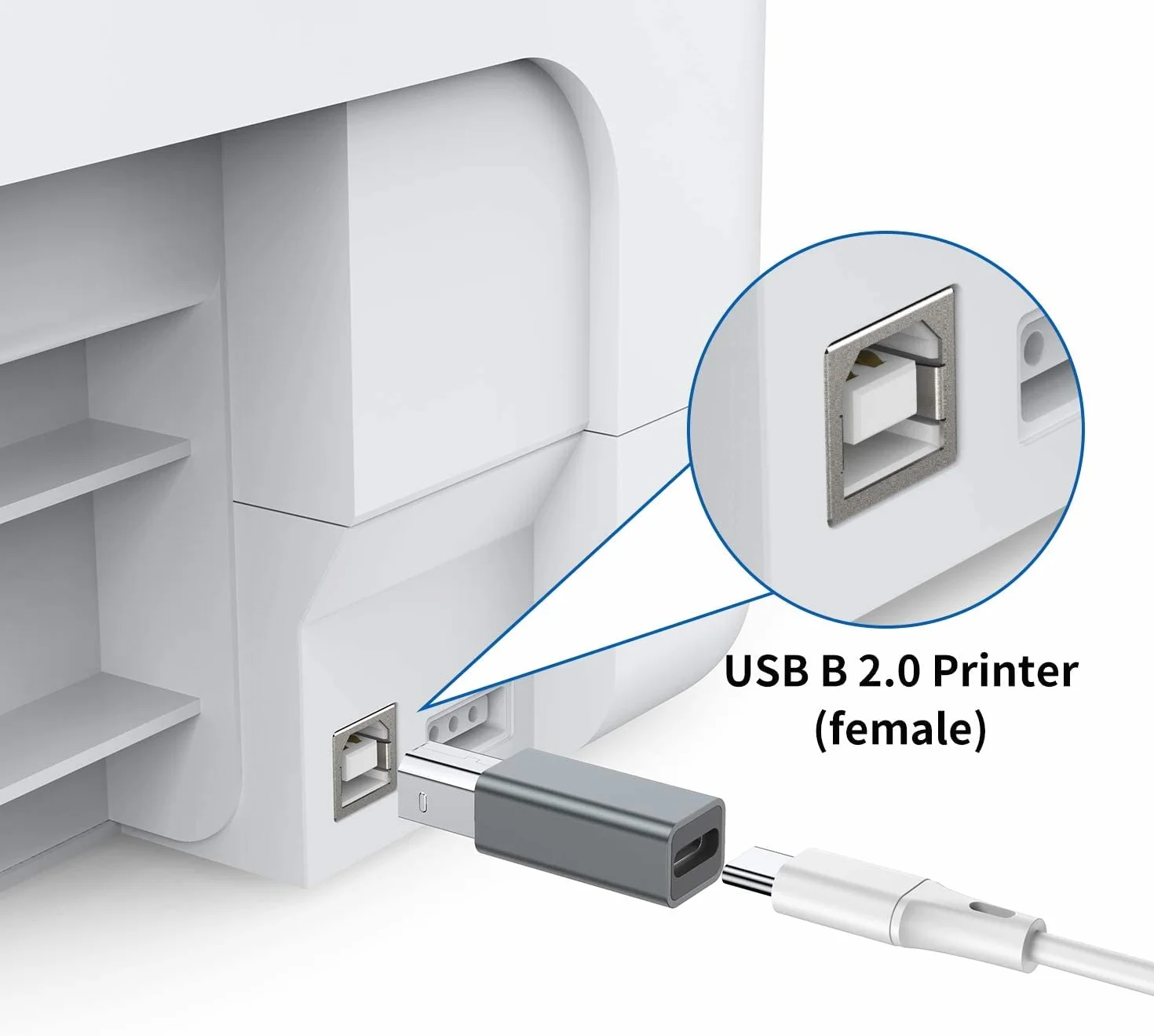 QIANRENON USB C żeński na midi adapter typu C na męski USB B adapter do drukarki MIDI elektryczny syntezator fortepianu i więcej urządzeń typu C / laptopa 2 szt. szary