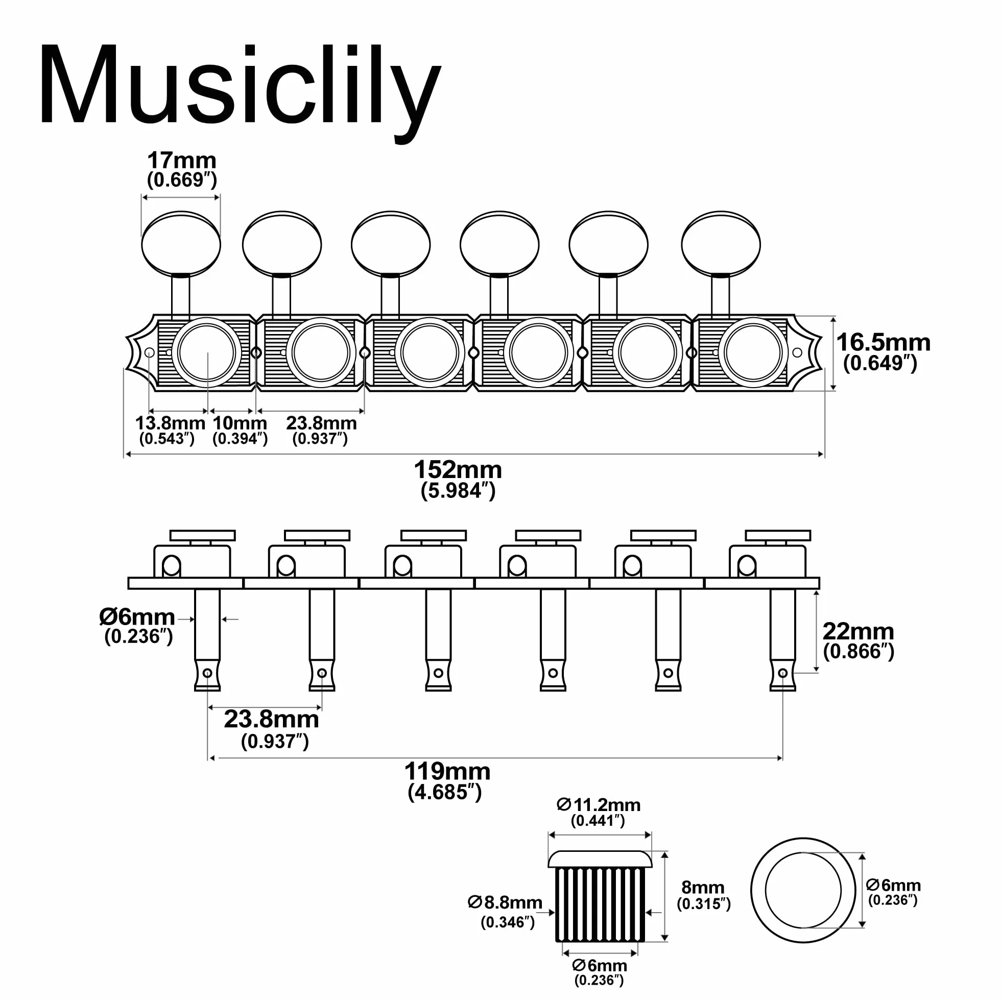 Musiclily Pro 6 w linii Vintage Tunery Blokujące Gitaryowe Klucze Blokowane Kołki do Strojenia do Gitary Elektrycznej Squier Classic Vibe Strat Tele, Nikiel Owalny Główki