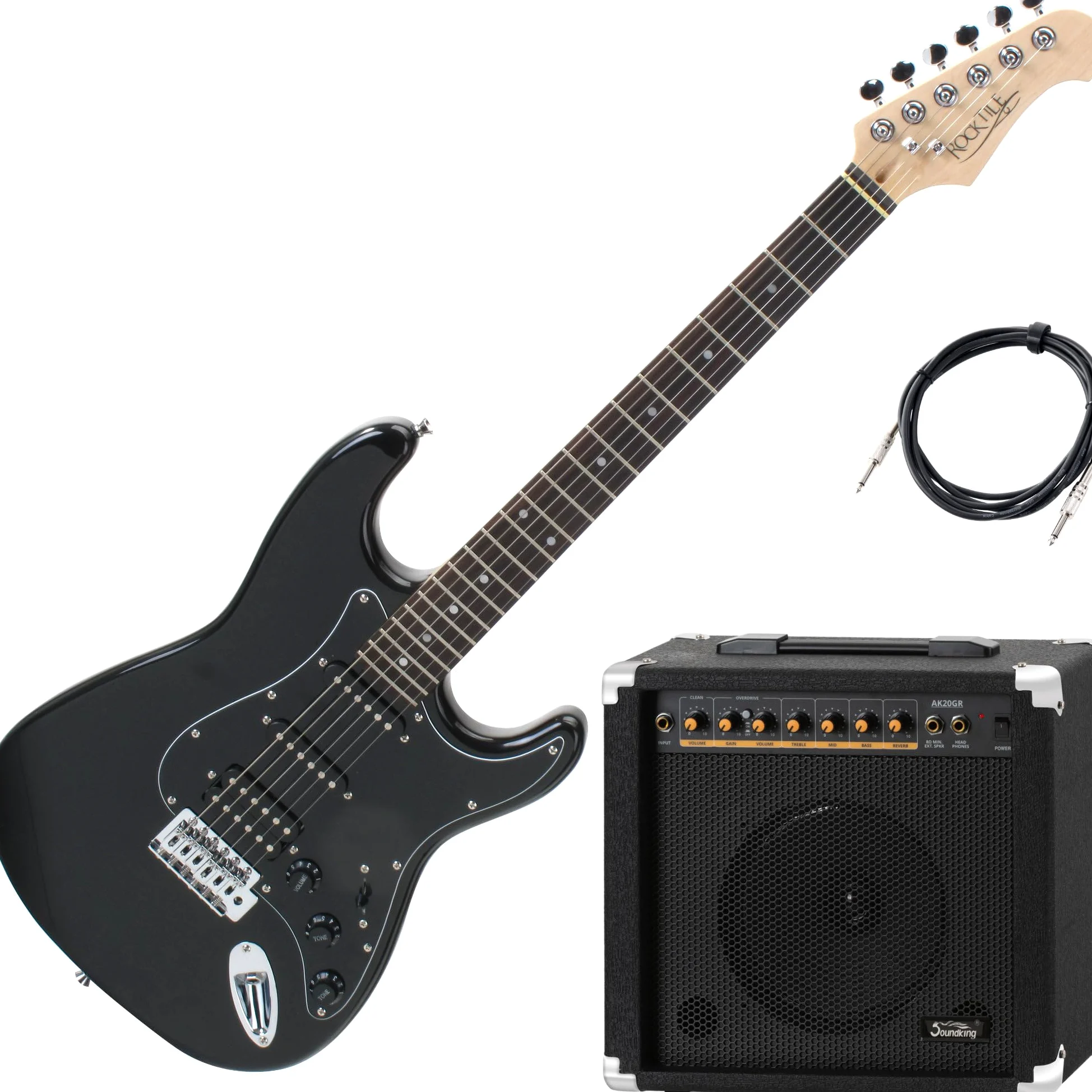 Rocktile Pro ST60-BK gitara elektryczna All Black AK20GR zestaw – korpus mahoniowy, humbucker i przetwornik Single-Coil, w zestawie wzmacniacz kombi i kabel – idealny zestaw do gitary elektrycznej dla