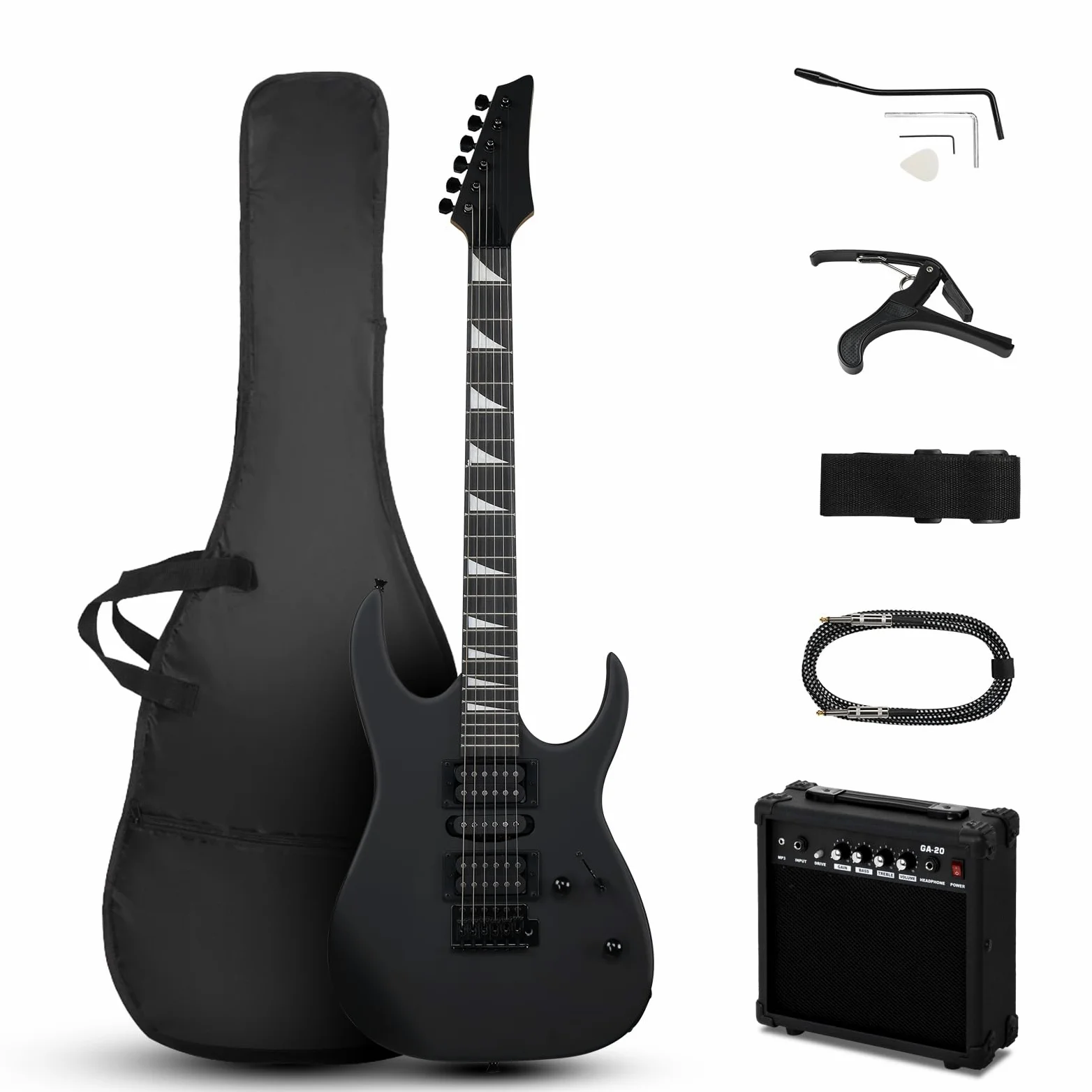 Ktaxon Gitara elektryczna 39 cali ze wzmacniaczem 20 W, pełny rozmiar 170 modelu, zestaw startowy dla początkujących i profesjonalistów W/torba, pasek, kabel ulepszenia, kapo gitarowe, ramię Tremolo