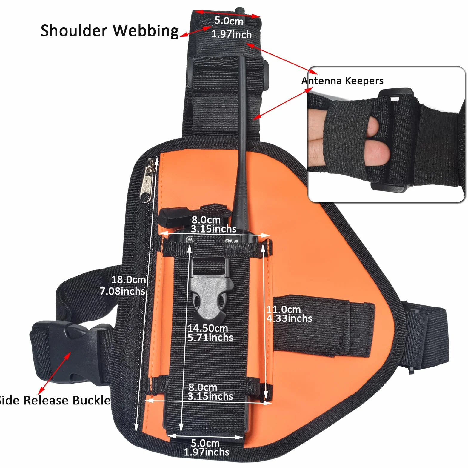 HYS Nylonowa uprząż na klatkę piersiową, regulowany pasek na ramię do wędrówek / użytku taktycznego, lekka torba crossbody z kieszeniami na zamek błyskawiczny, do dwukierunkowego radia Motorola