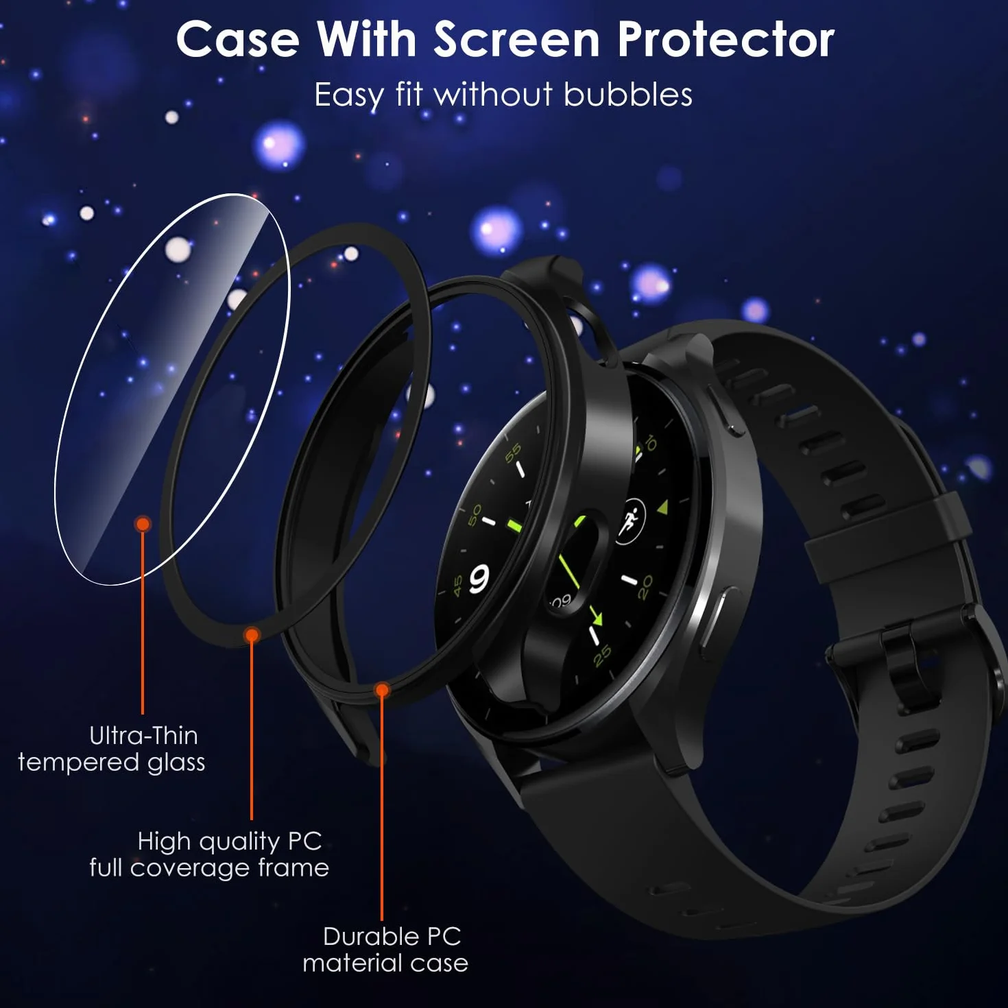 ivoler 3 szt. twarde etui PC ze szklaną ochroną ekranu do zegarka Xiaomi Watch 2, pełne pokrycie, ultracienkie, odporne na zarysowania etui ochronne, 2 przezroczyste + 1 czarny