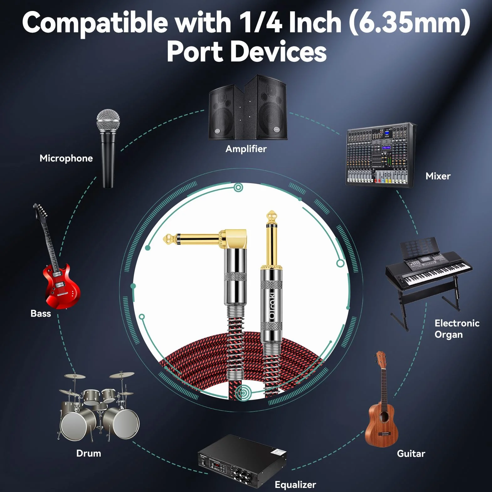 OTraki Kabel gitarowy 2 m, kabel instrumentalny, kabel jack 90 stopni, kabel Bass Amp, prosty kabel jack do gitary elektrycznej, gitary basowej, keyboardu, Pro Audio