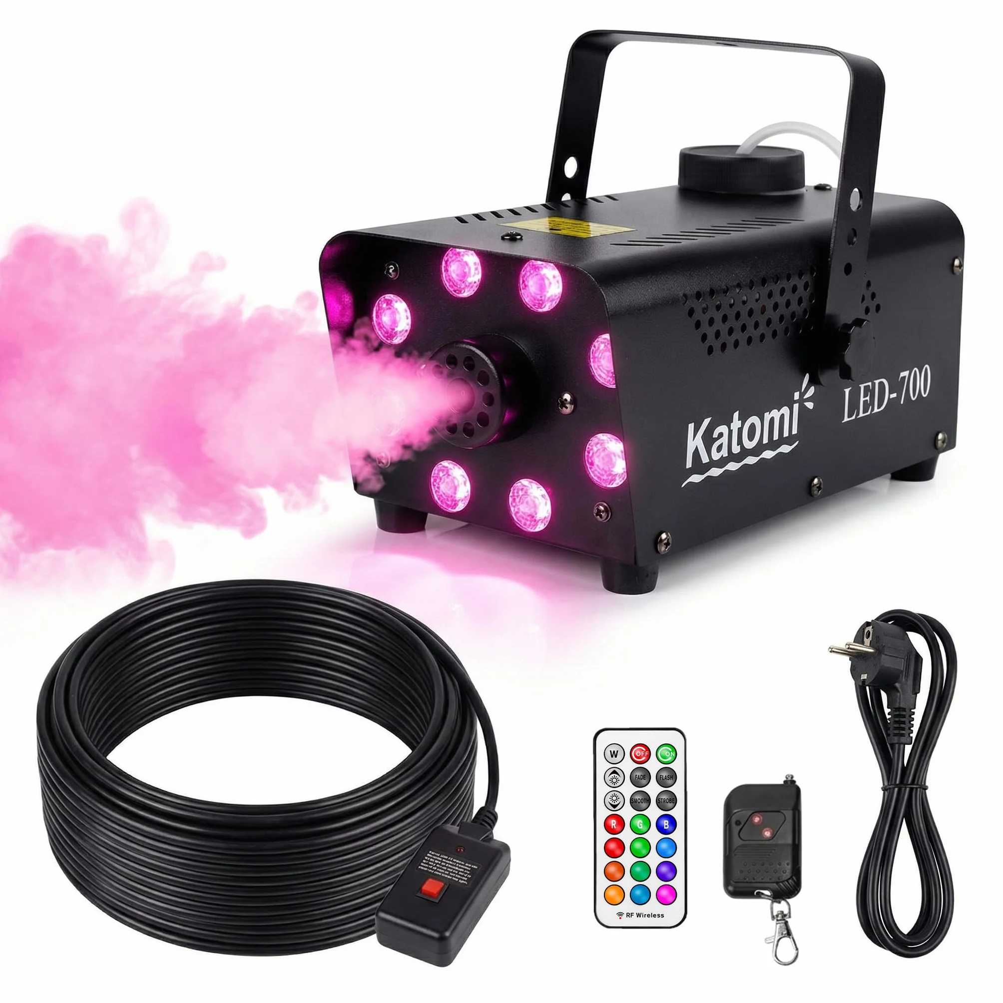 Mini wytwornica dymu RGB 700 W 13 kolorów 8 diod LED z pilotem przewodowym i radiowym