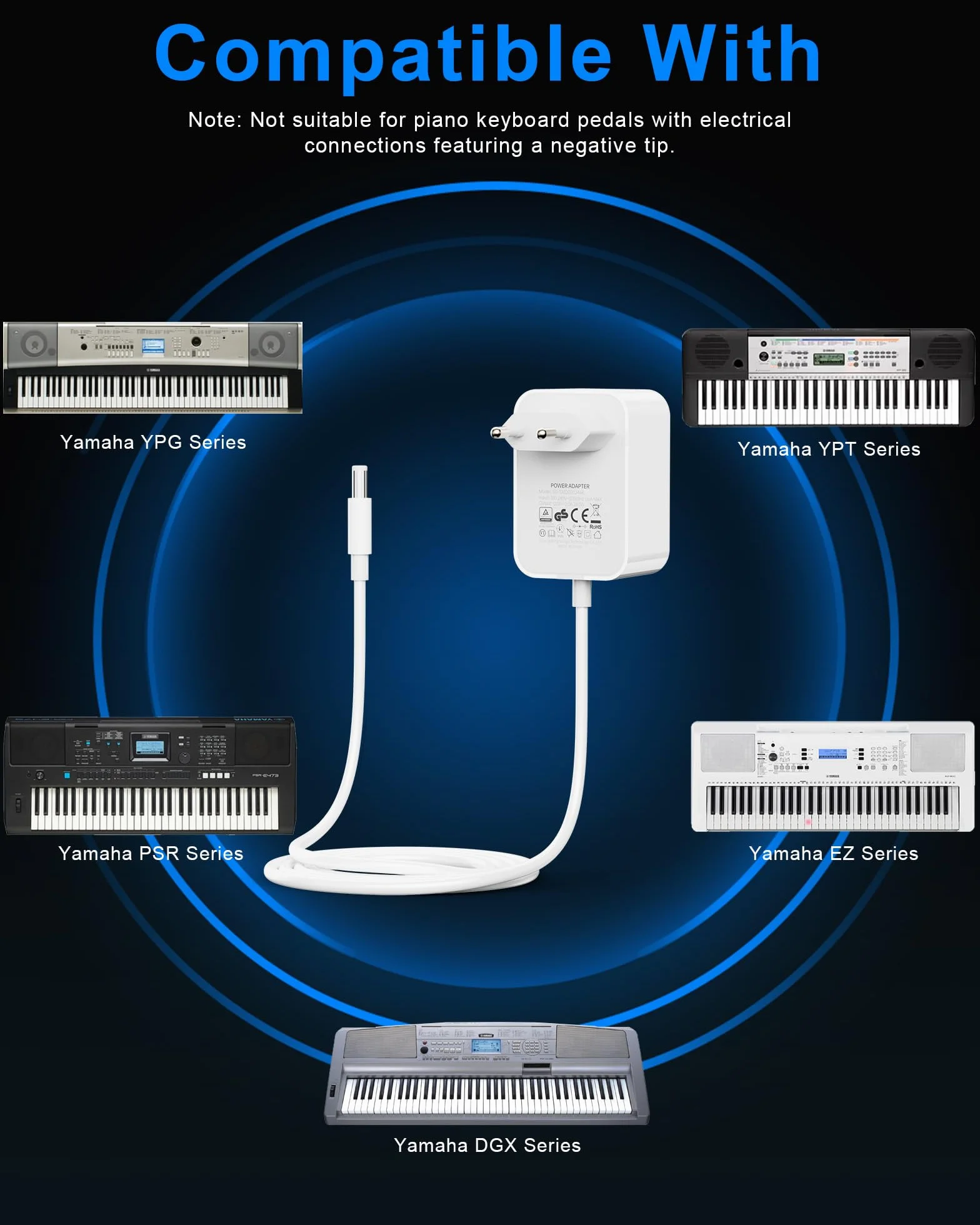 Adapter 12 V/2 A do Yamaha Keyboard Power AC Adapter do PA-130a PA-130b PA-150b P45 PA-3b PA-3c PA-5d PSR-210 PSR-78 P125 E373 EZ-220 EZ-300 Electronic. Ładowarka podłogowa 24 W 5.5M-biała