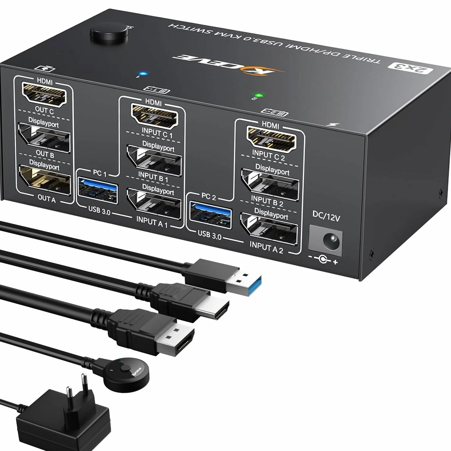 Przełącznik USB 3.0 KVM 2 PC 3 monitory 8K 60 Hz 4K 144 Hz, Triple Monitor KVM Switch 2 Displayport + HDMI do 2 PC części, mysz, klawiatura, z przewodowym pilotem