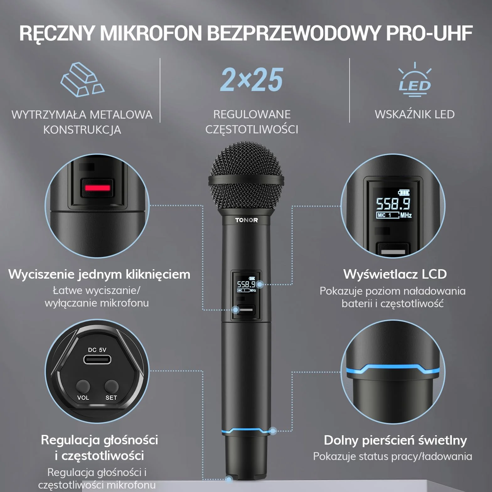 TONOR TW720 Bezprzewodowy Mikrofon Dynamiczny, Bluetooth, 2x25 UHF, 100 m