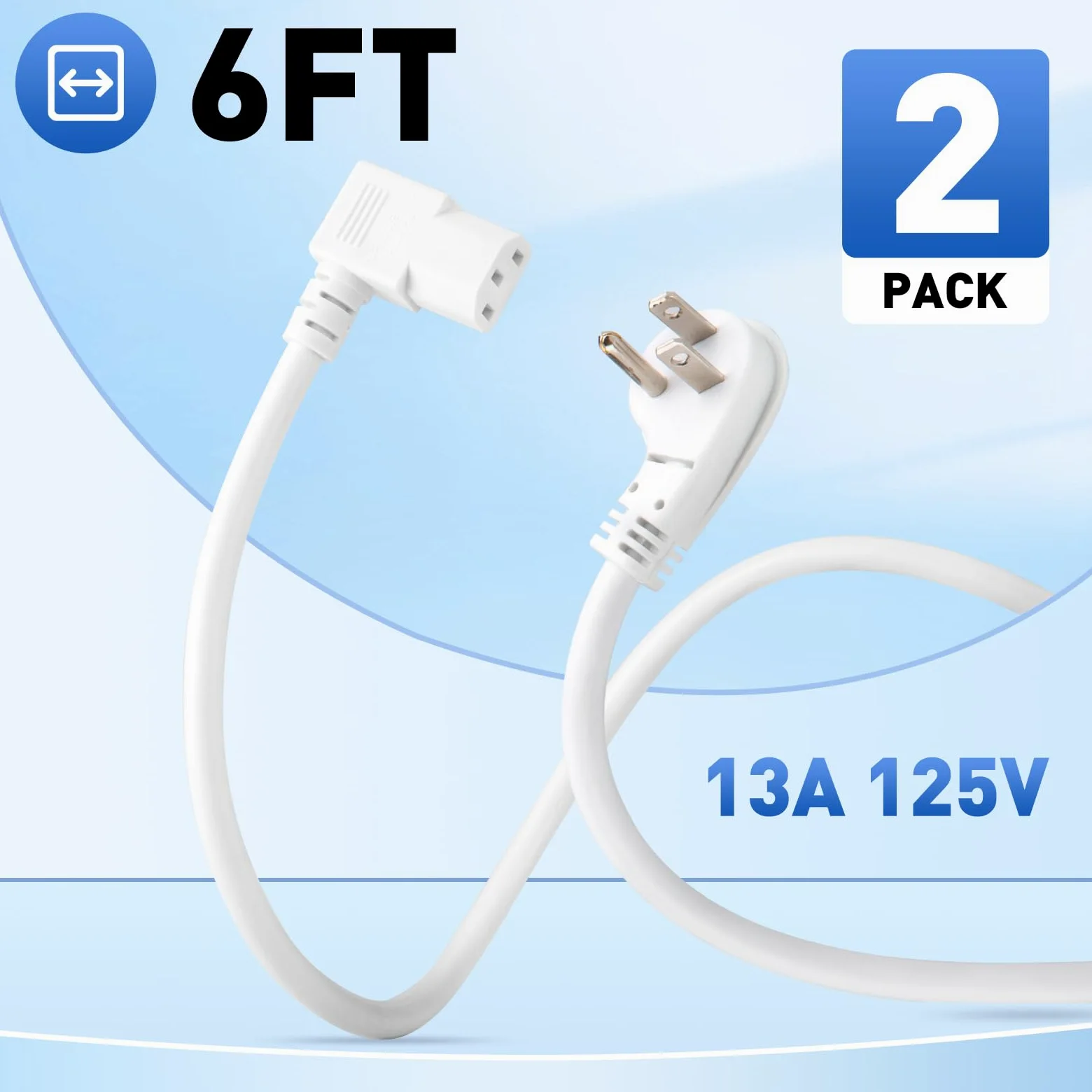 POWERCORDS Kabel zasilający do komputera 1,8 m 90 stopni płaska wtyczka pod kątem prostym IEC C13 uniwersalny przewód zasilający PC 16AWG kątowy przewód zasilający AC
