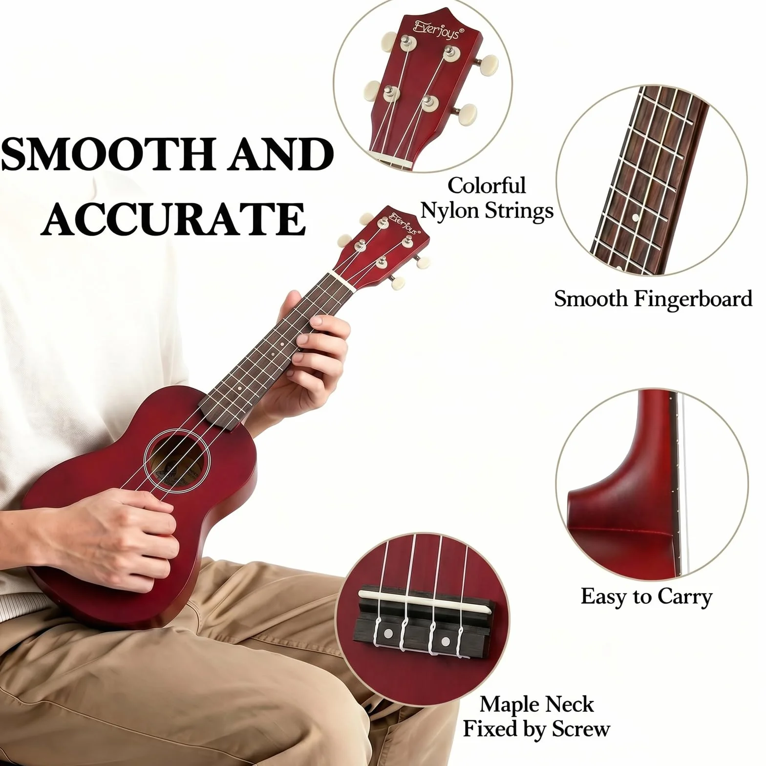 Everjoys Ukulele sopranowe, zestaw startowy dla dzieci i dorosłych, 21 cali, z torbą, tunerem, piosenkami, strunami, pickiem, mała gitara hawajska, mahoń