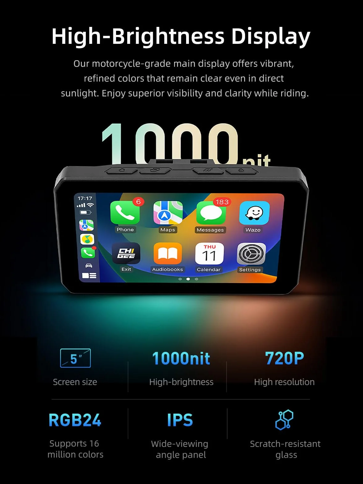 CHIGEE AIO-5 Play for BMW Motorcycles, 3-Pin Interface, Plug-and-Play Smart Display with Apple CarPlay & Android Auto, 60FPS, IP68 Waterproof, Built-in GPS, Anti-Theft Alarm, Data Reading