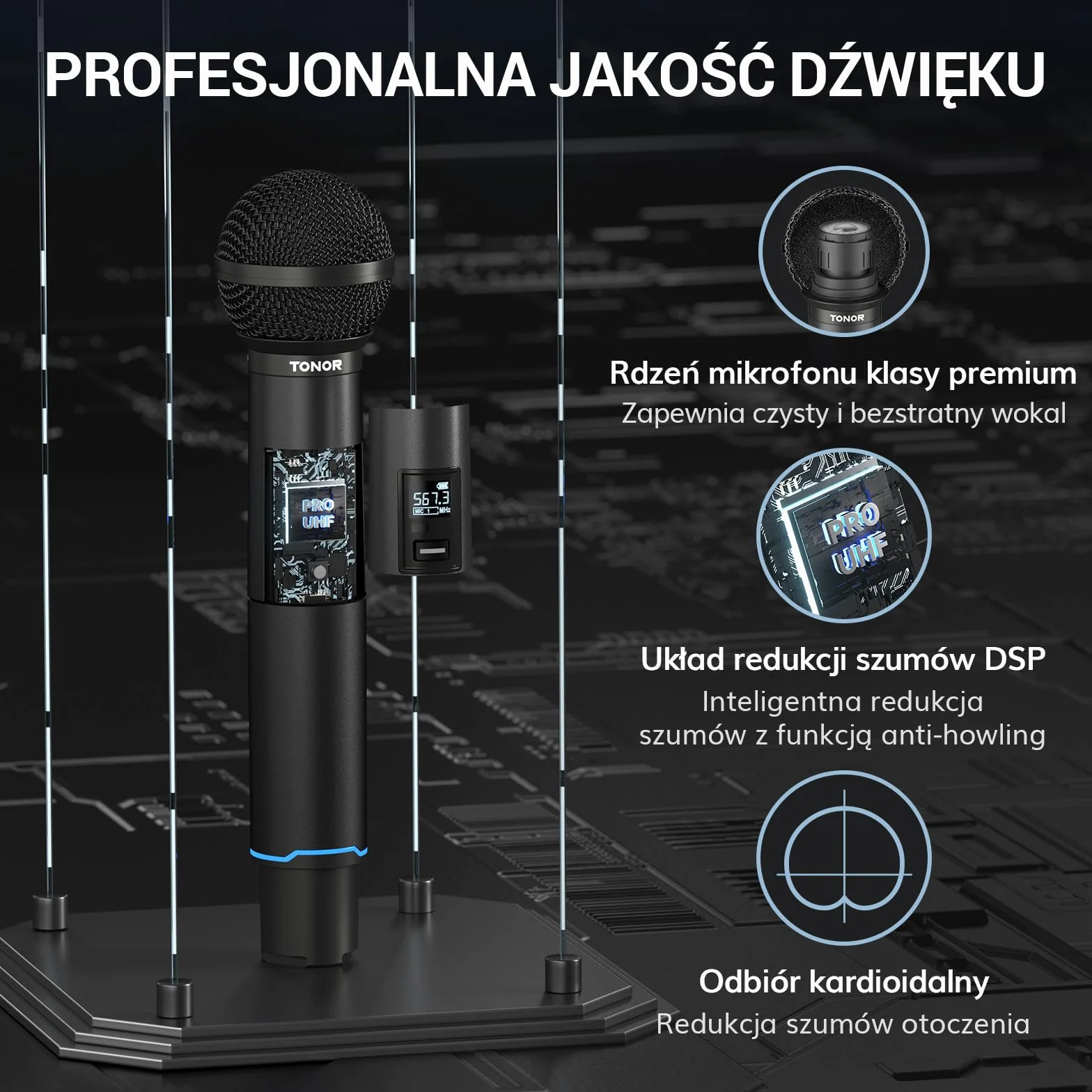 TONOR TW720 Bezprzewodowy Mikrofon Dynamiczny, Bluetooth, 2x25 UHF, 100 m