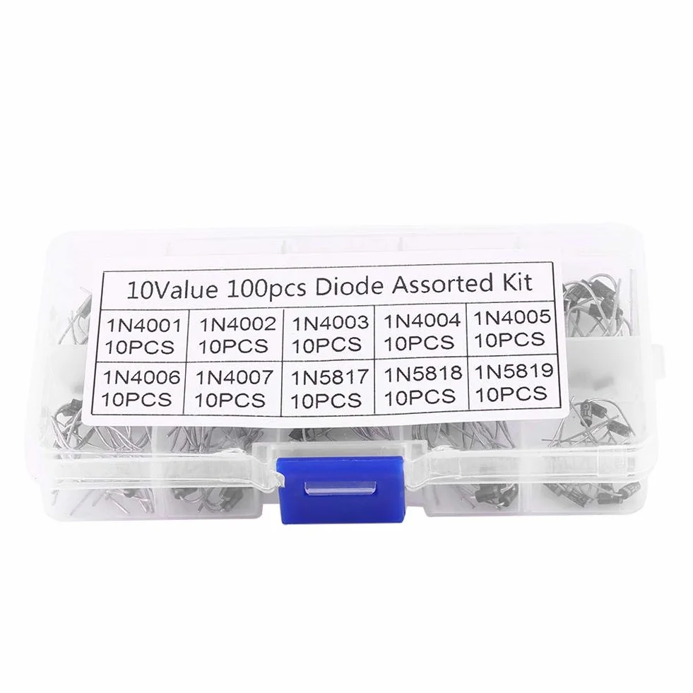 Estink Zestaw Diod Prostowniczych, 100 szt., 10 Wartości, Asortyment Elektroniczny 1N4001-1N5819, z Przezroczystym Pudełkiem