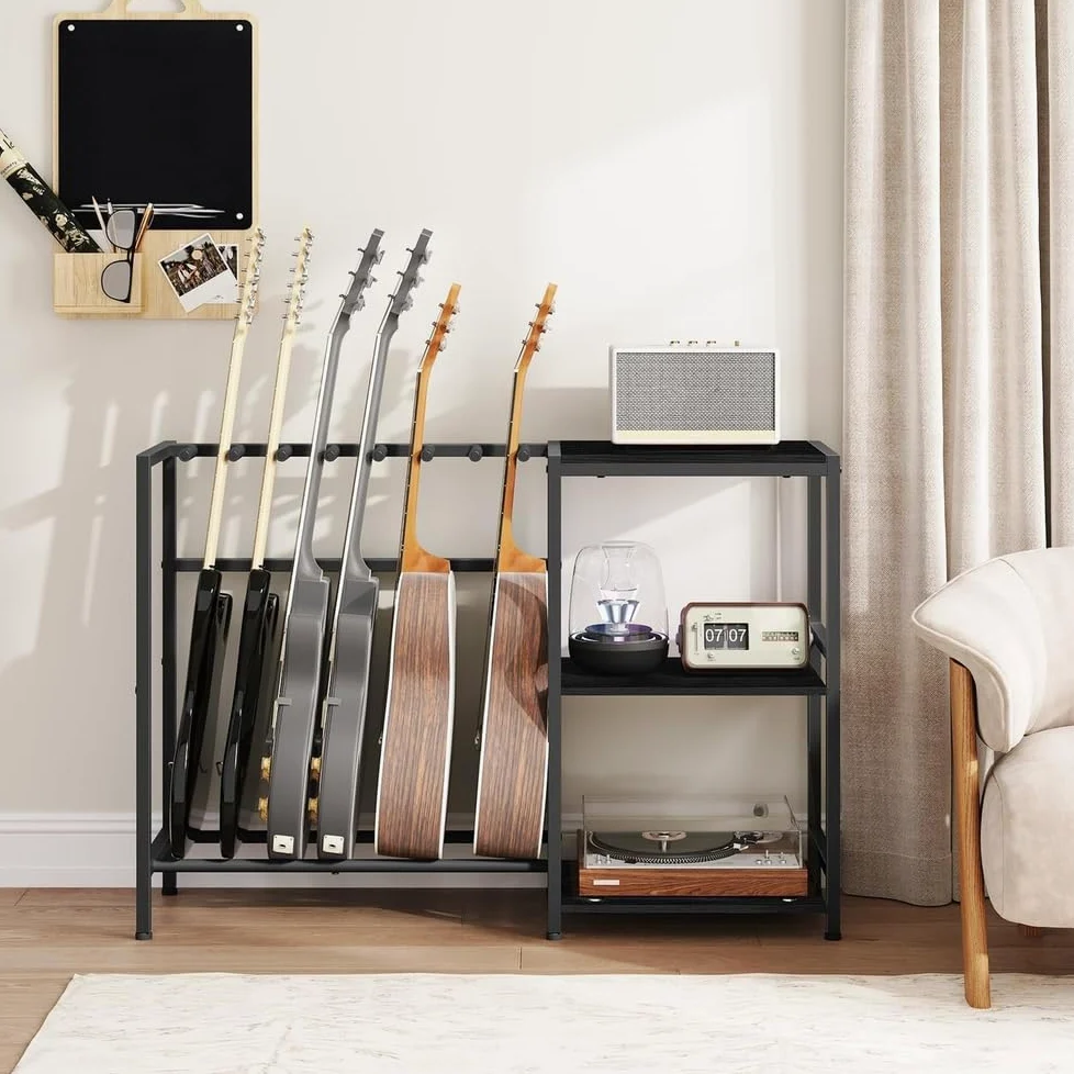 Stojak multimedialny AV z miejscem na gitarę, ciężki mebel audio, szafka audio, wieża rackowa, 3-poziomowy stojak na gitary do domowego studia muzycznego
