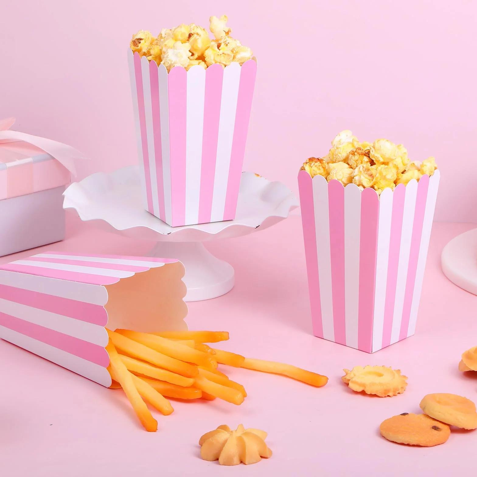 Różowe pudełka na popcorn, mini torby na popcorn w paski, papierowa, dmuchana miska na ryż, wiadro, maszyna do cukierków, pojemnik na miskę, pojemnik na przekąski, na przyjęcie urodzinowe, upominek