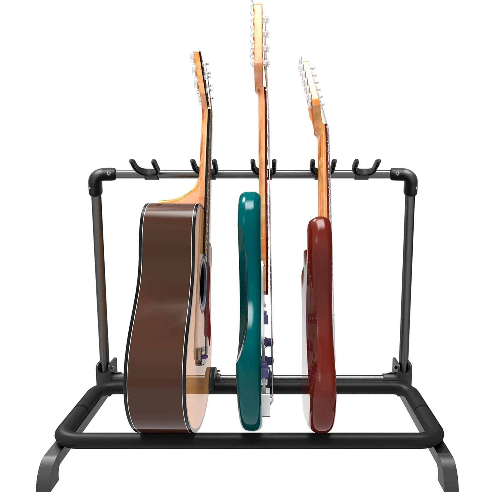 GUITTO Wielofunkcyjny stojak na gitarę, składany, uniwersalny uchwyt ekspozycyjny na 5 gitar, wytrzymały organizer podłogowy z regulowanymi haczykami do gitar akustycznych, elektrycznych i basowych