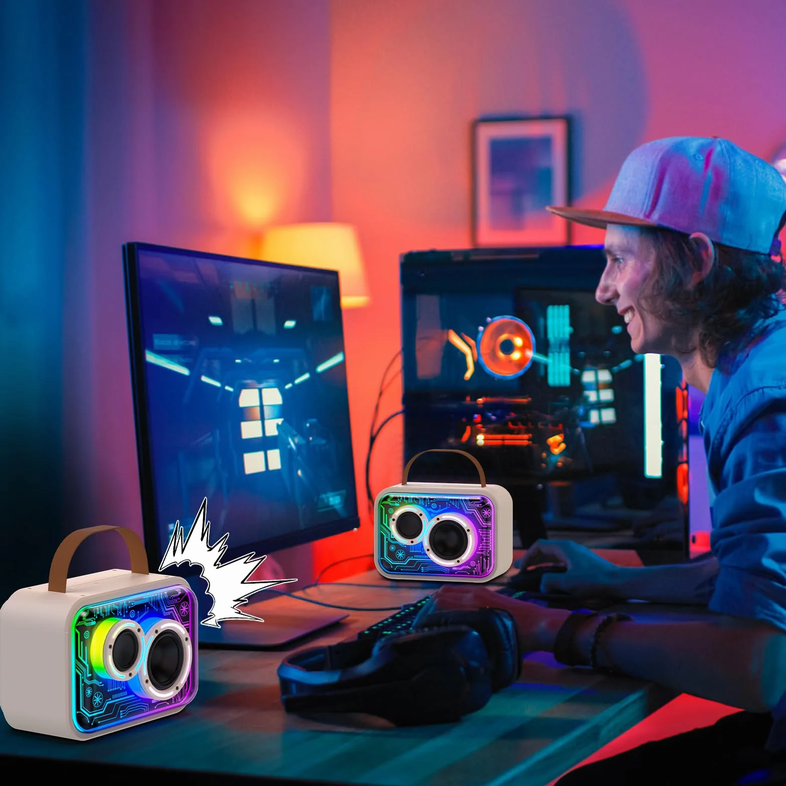 JYX Maszyna do karaoke z 2 mikrofonami dla dzieci i dorosłych, diodami LED i magicznym dźwiękiem, przenośny, bezprzewodowy głośnik Bluetooth, obsługuje imprezę domową/na zewnątrz/prezenty/dekoracje