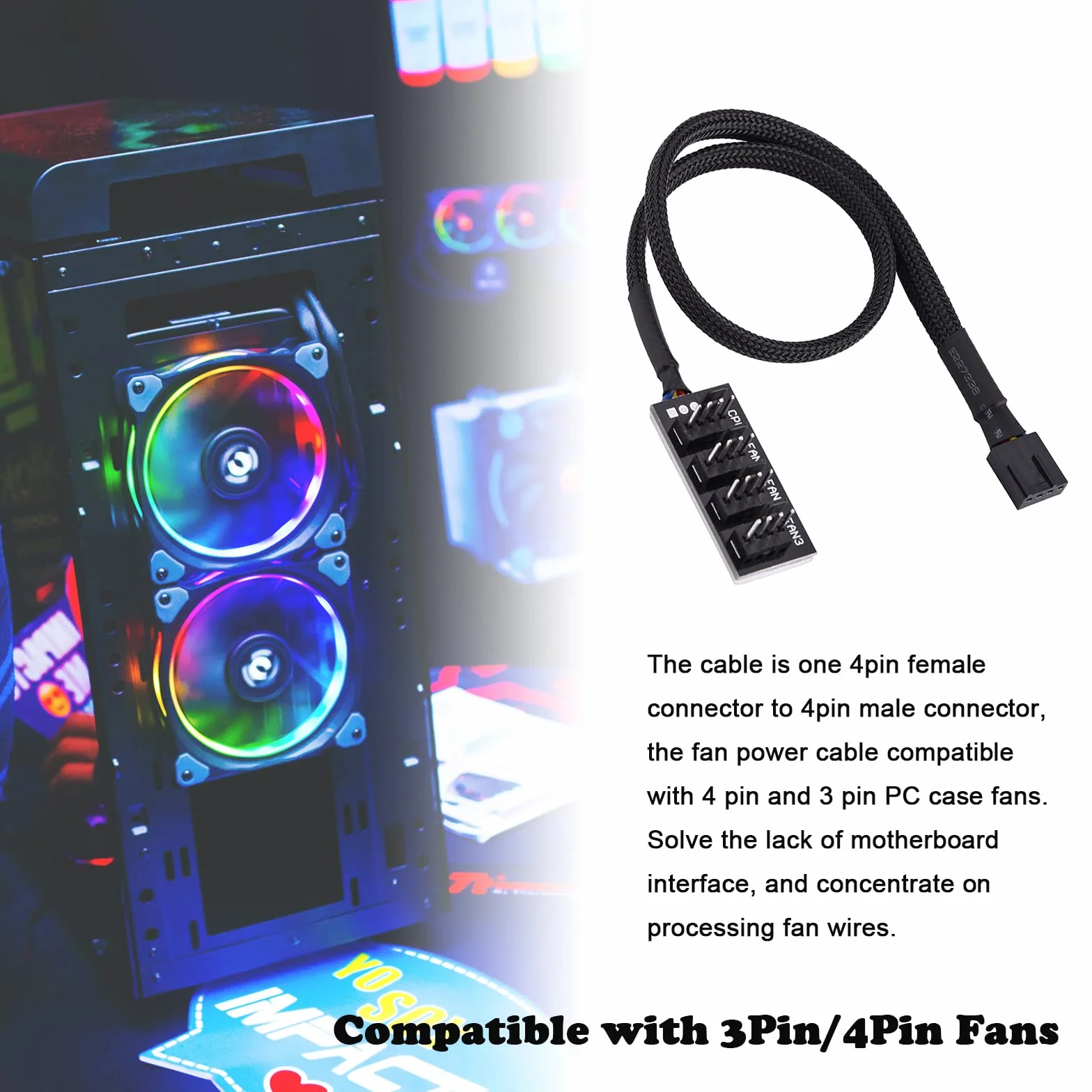 4-pinowy rozgałęźnik wentylatora PC - męski PWM Fan Hub kabel zasilający do wentylatora PC Cooling 38 cm Złącze wielofunkcyjny kabel przedłużający wentylatora 4-pinowy / 3-pinowy
