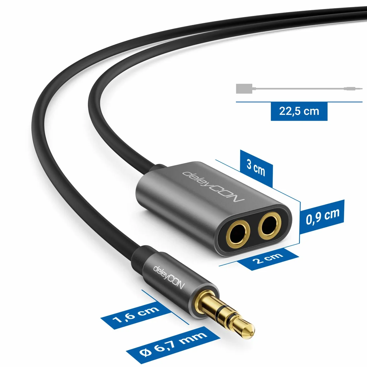 deleyCON 1x 3,5mm jack splitter audio stereo AUX adapter kabel kabel jack kabel audio metalowa wtyczka telefon komórkowy smartfon tablet słuchawki odbiornik HiFi