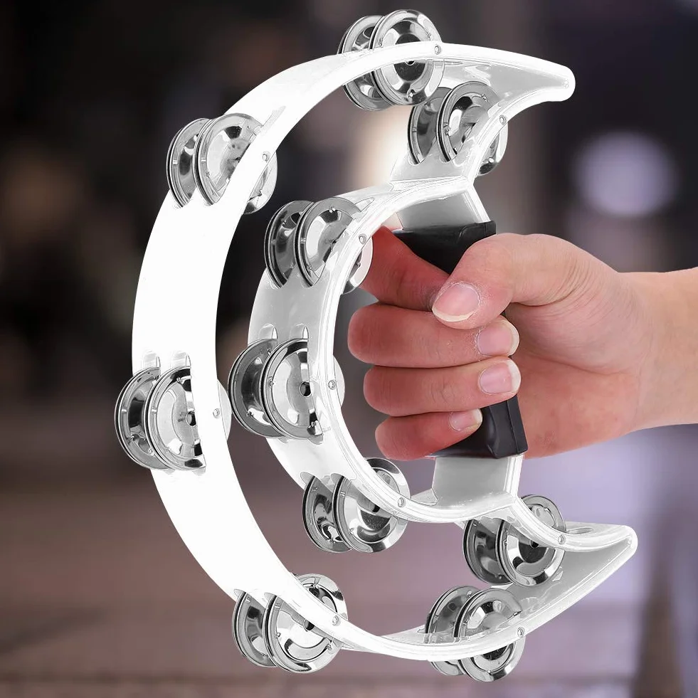 Dwurzędowy Ręczny Tamburyn, Metalowe Dżingle Half Moon Ręczny Muzyczny Bęben Perkusyjny z Ergonomicznym Uchwytem (WHITE)