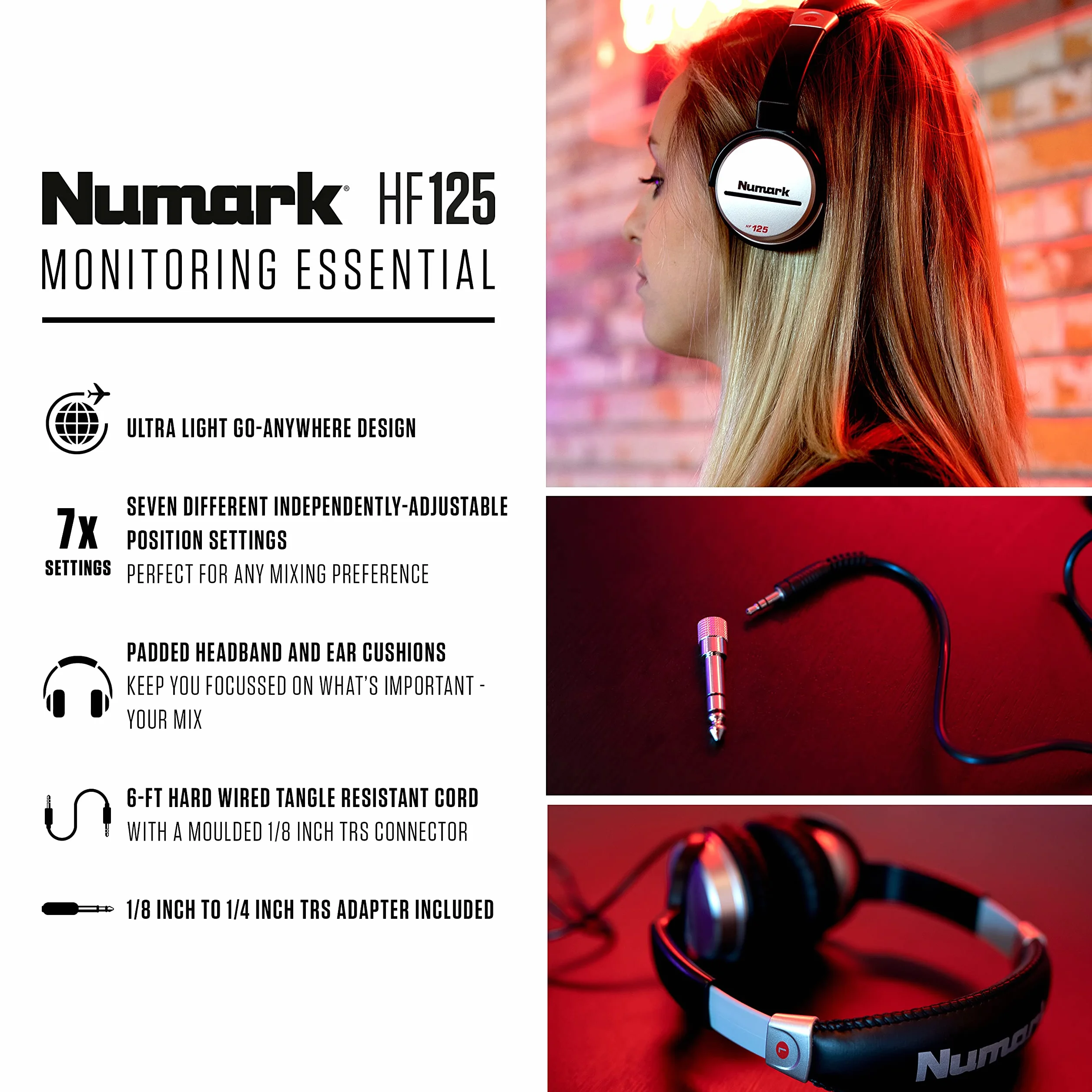 Numark HF125 Kompaktowe słuchawki DJ z 40 mm przetwornikami, kabel 6 ft