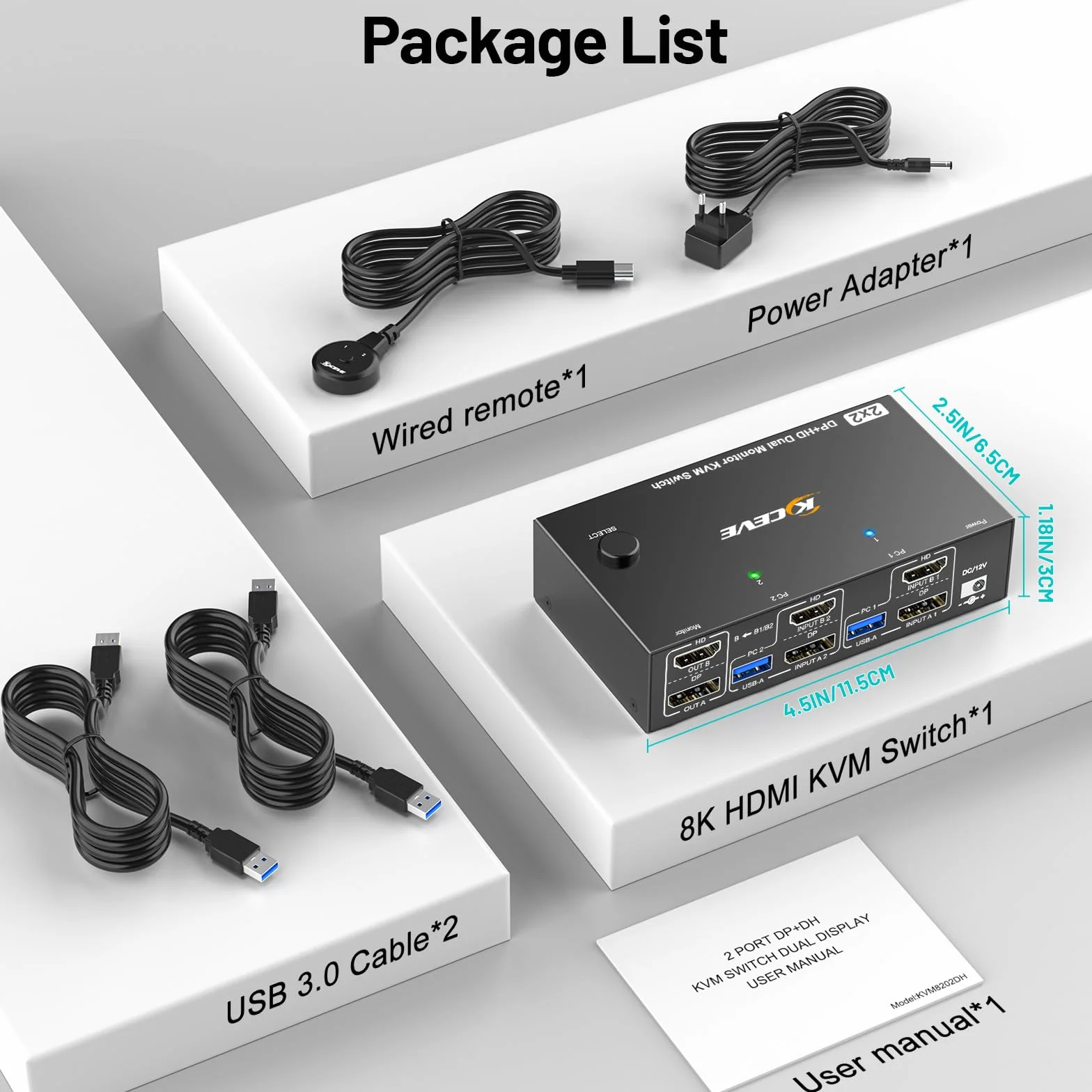 Przełącznik KVM 2 Computery 2 Monitory 8K@60Hz, MLEEDA HDMI DisplayPort Dual Monitor KVM Switch 2 Computers Udostępnij 2 Monitors i 4 Porty USB 3.0, z Adapter Zasilania, Przewodowy Pilot i 2 Kable USB