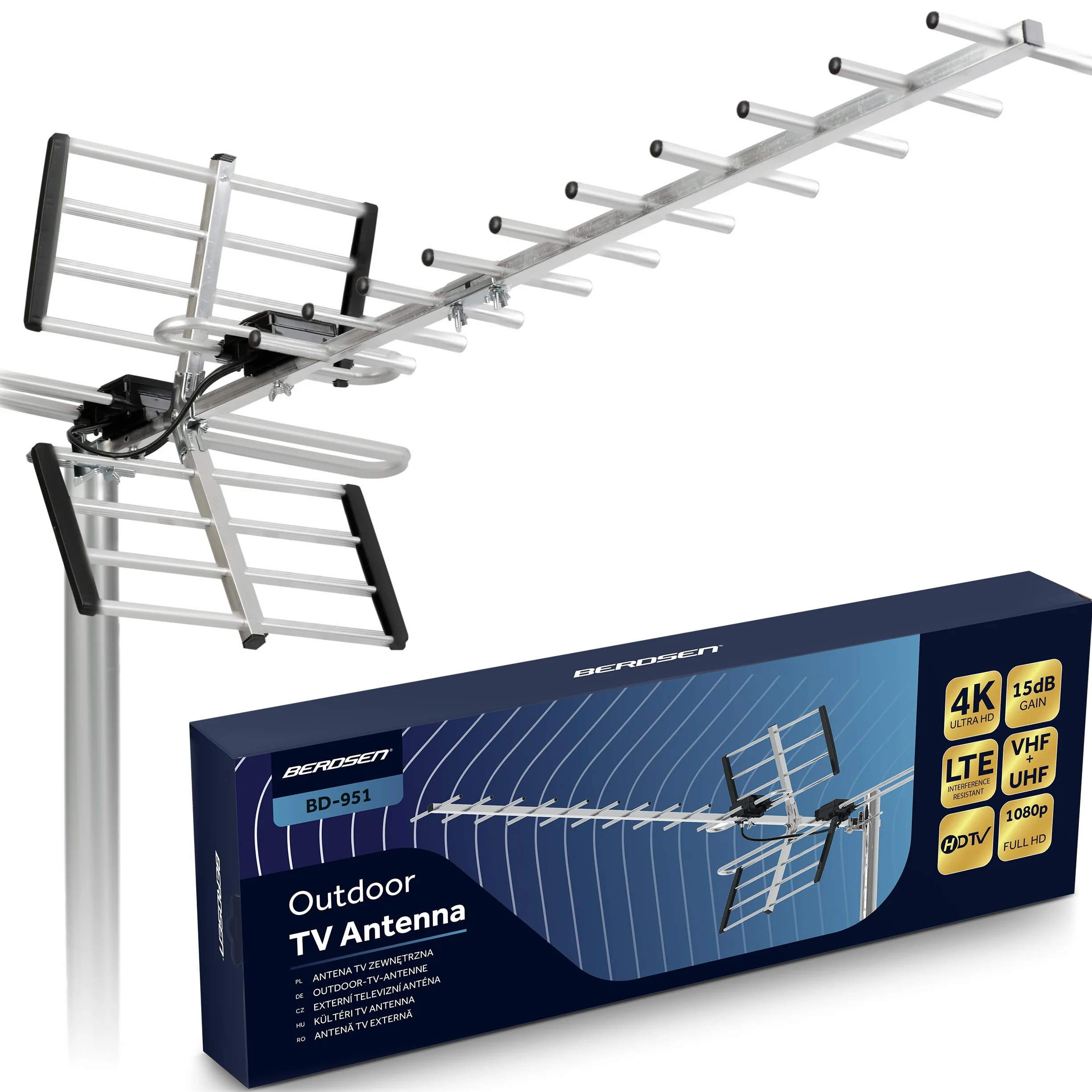 Berdsen Antena DVBT2 z Wzmacniaczem Wewnętrznym 15 dB - Zasięg do 80 km - Zewnętrzna Antena Outdoor - Filtr LTE - Full HD Ultra HD 4K
