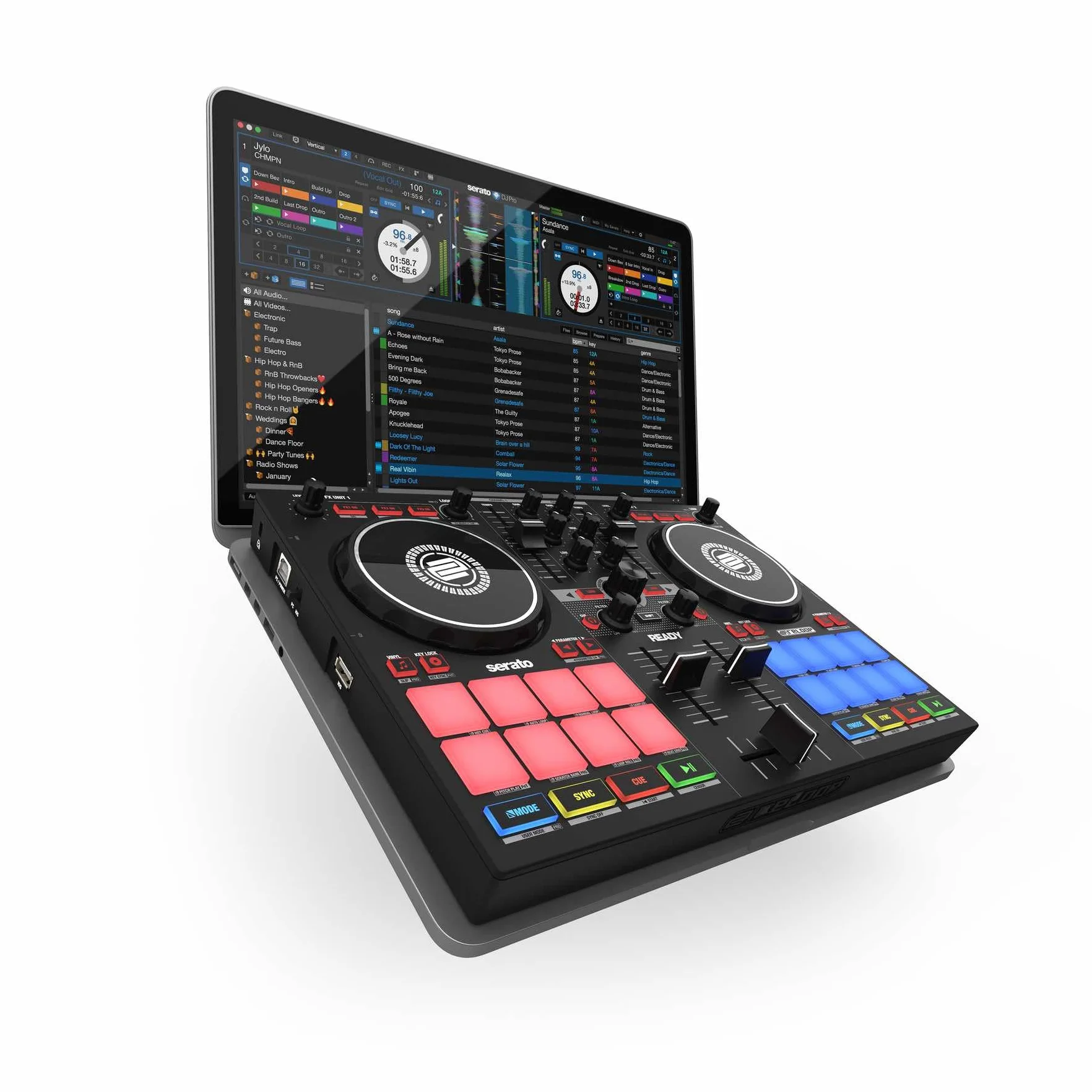Gotowy na Reloop | Kompaktowy, 2-deckowy kontroler DJ dla Serato DJ Lite (w zestawie) i DJ Pro, 16 dużych padów RGB, 9 trybów wydajności, w tym nowy bank scratchów, 2 jednostki FX