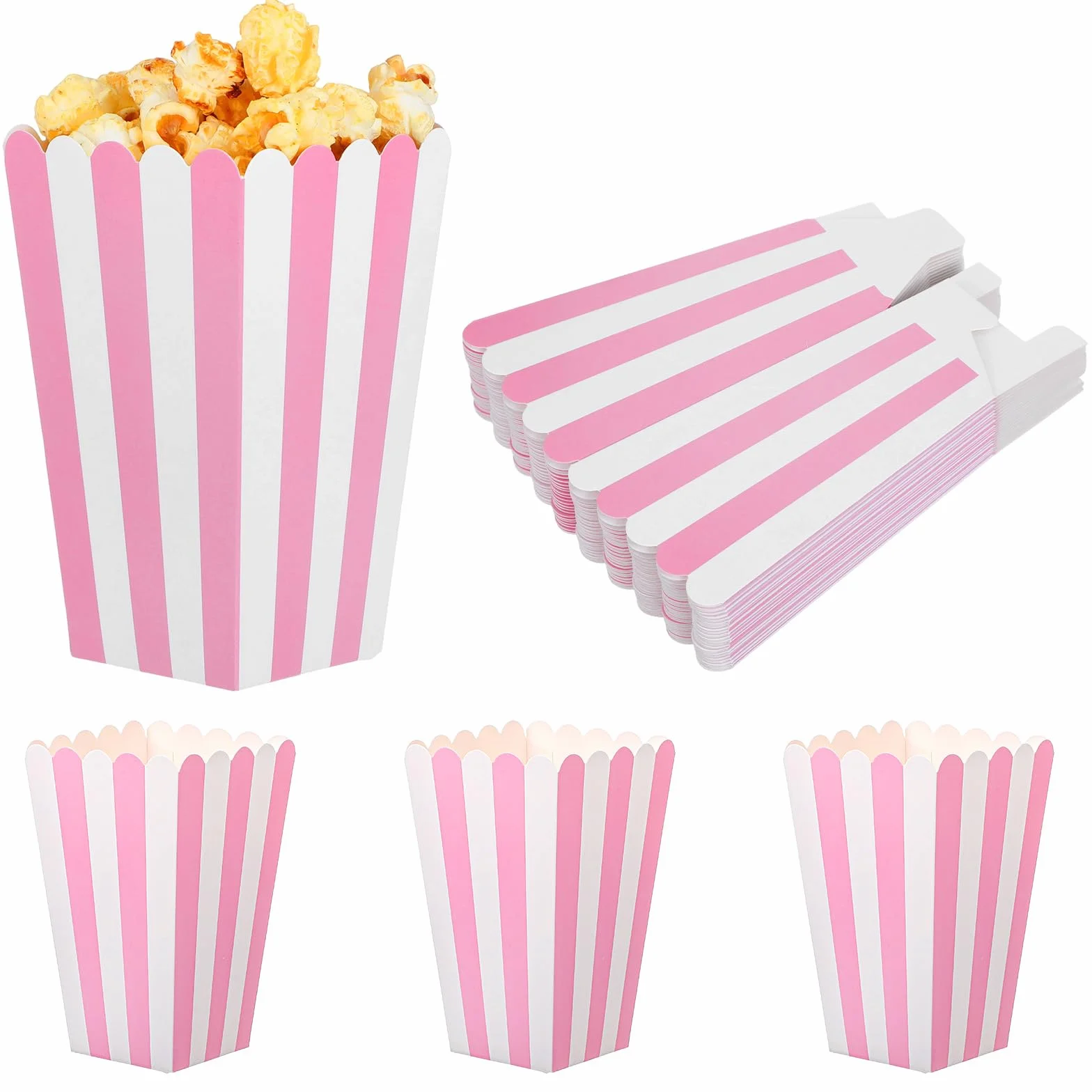 Różowe pudełka na popcorn, mini torby na popcorn w paski, papierowa, dmuchana miska na ryż, wiadro, maszyna do cukierków, pojemnik na miskę, pojemnik na przekąski, na przyjęcie urodzinowe, upominek