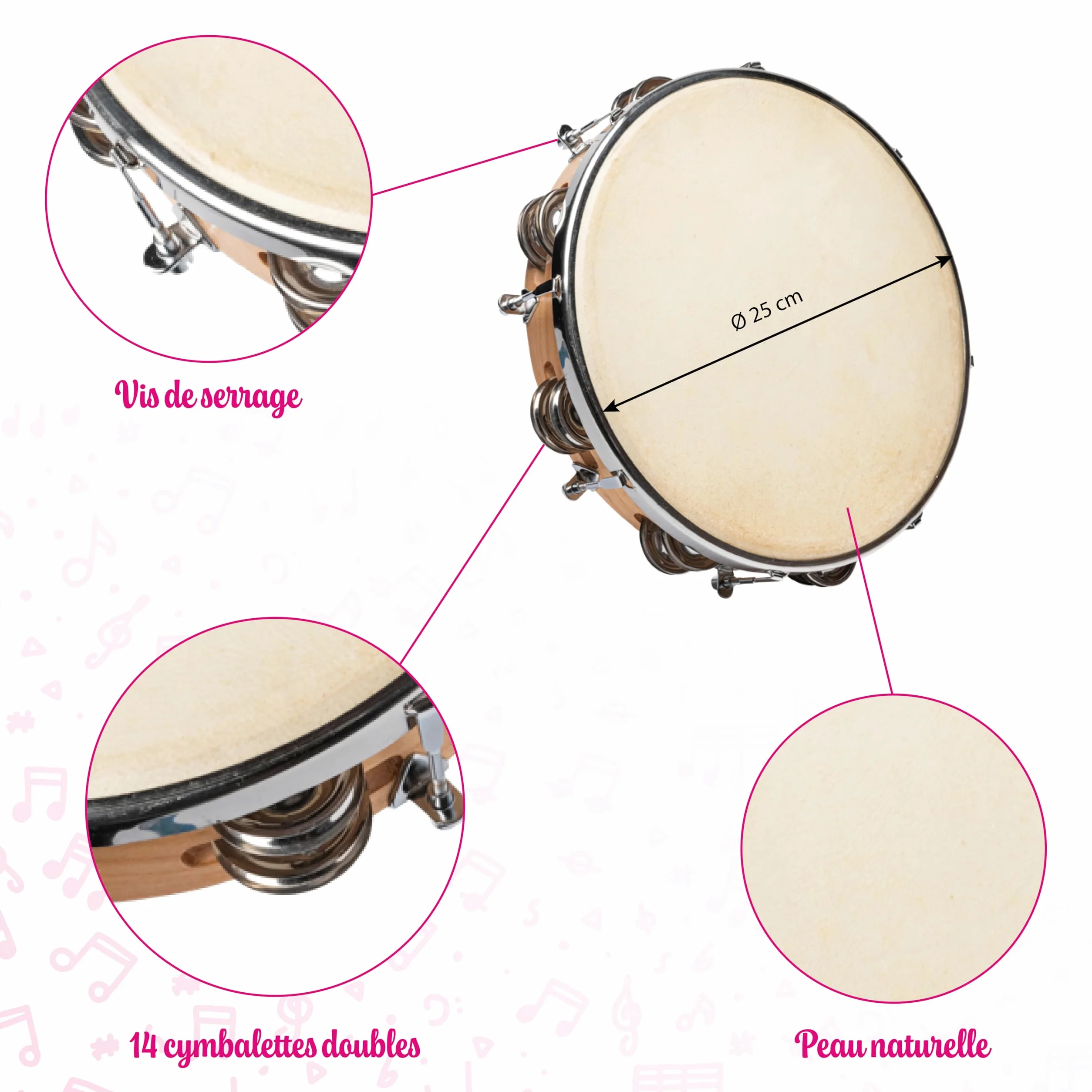 FUZEAU 590 tambourin naturalne futro 25 cm + 18 CYMB