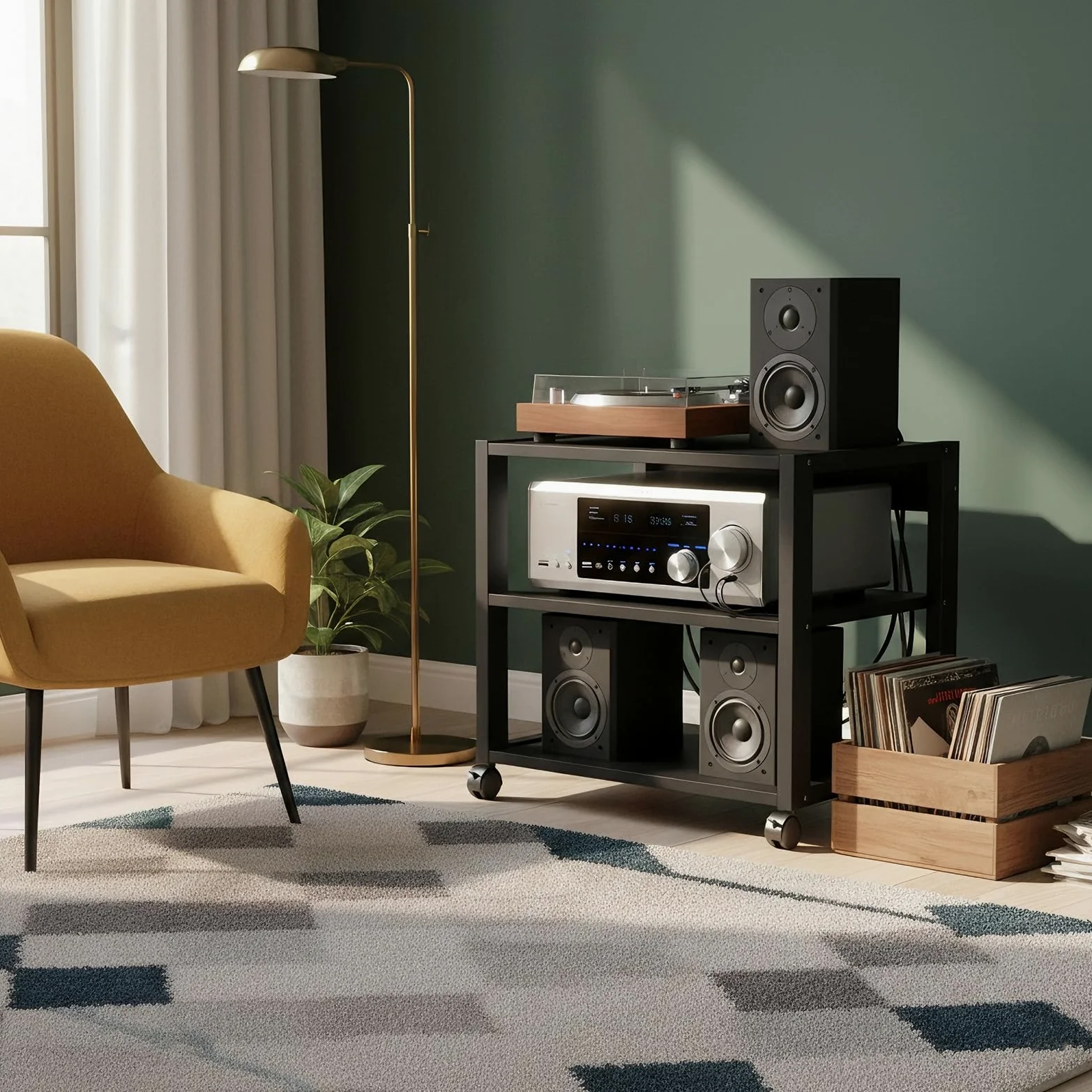 Przenośny stojak HiFi na kółkach, 3-poziomowy regał HiFi na wzmacniacz i gramofon, otwarta konstrukcja zapewnia optymalne odprowadzanie ciepła, stabilny metalowy stelaż, czarny, 50 x 40 x 48,5