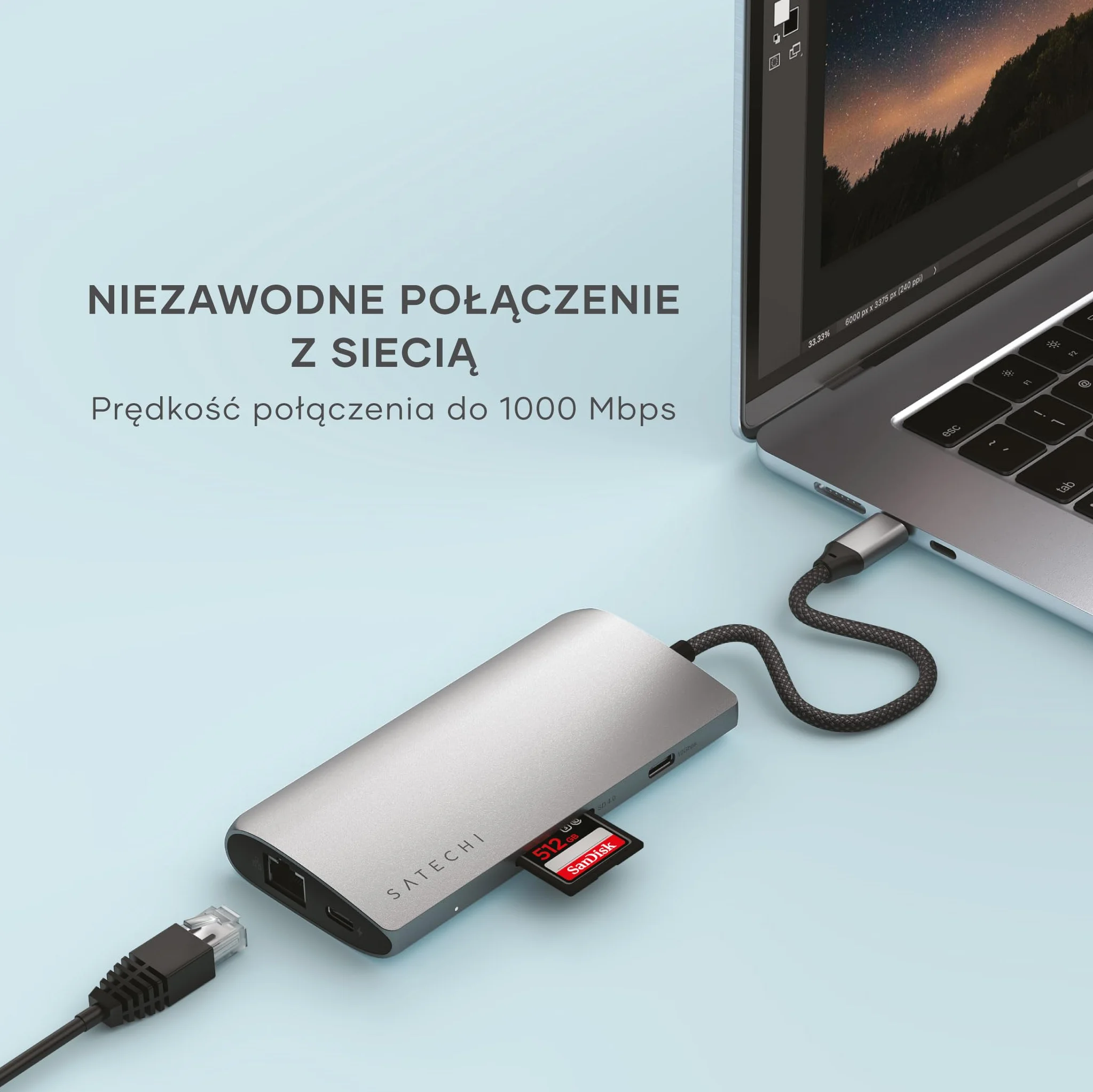 SATECHI Hub USB-C 8 w 1 z Ethernetem, HDMI 8K@30Hz, ładowaniem PD 85 W, 4 portami USB-C 10 Gb/s, transferem danych i czytnikiem kart SD UHS-II do MacBooków Air/Pro/Neo, komputerów PC i innych