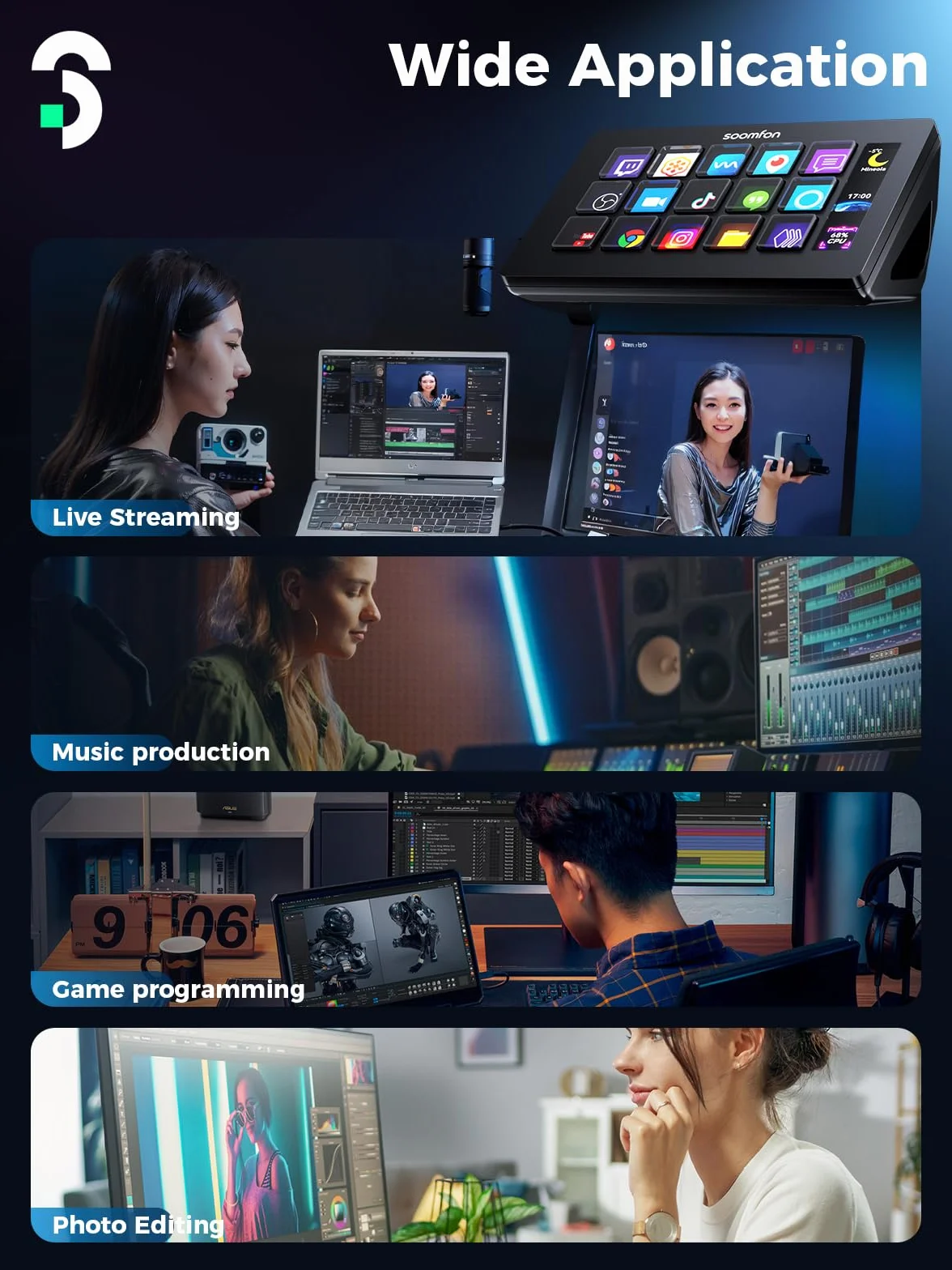 SOOMFON Stream Control Deck, 15-klawiszowy kontroler do nagrań na żywo, przyciski LCD OBS Twitch YouTube