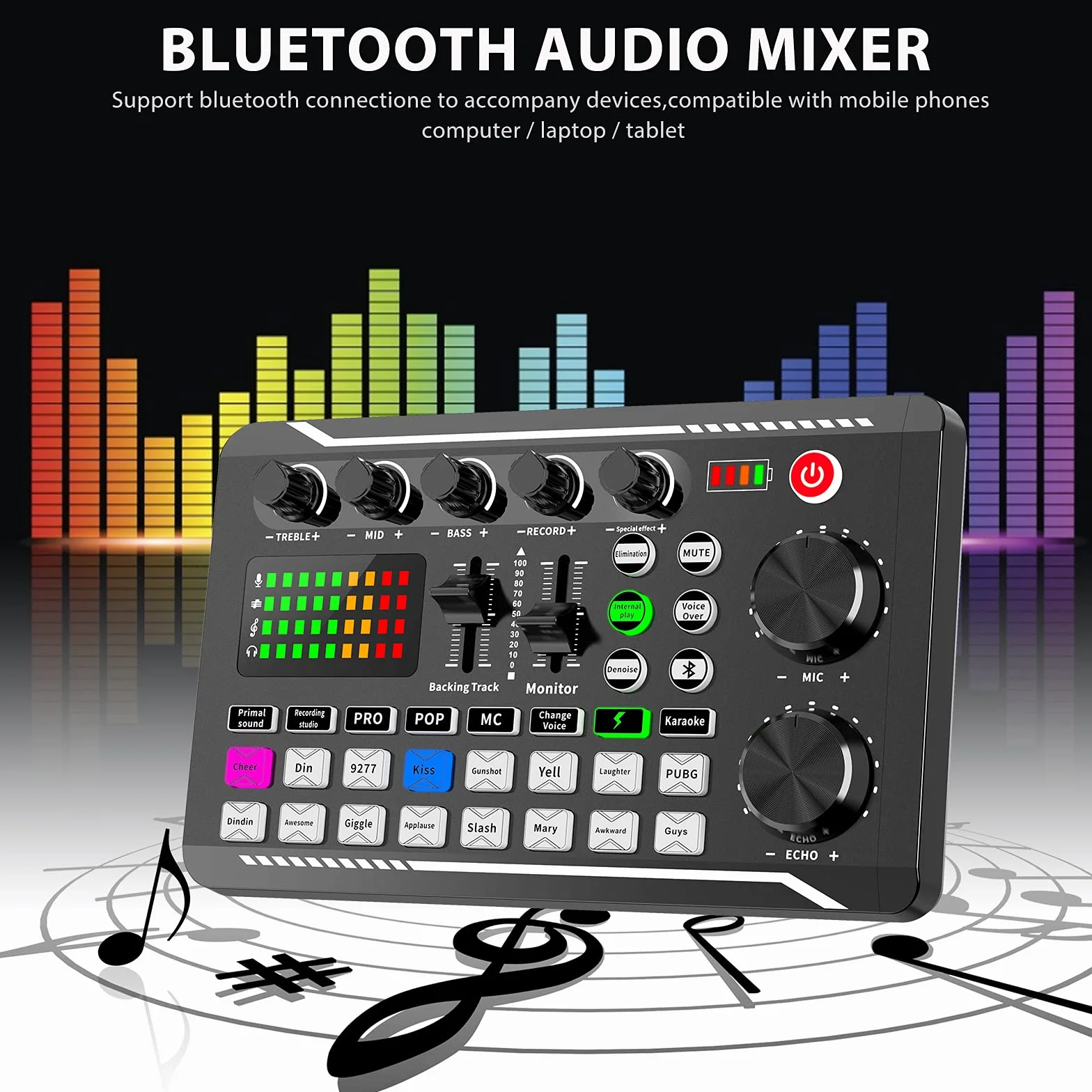 ALLWIN Karta dźwiękowa na żywo i interfejs audio z efektami miksera DJ i zmieniaczem głosu, mikser audio stereo Bluetooth F998, do strumieniowania na żywo YouTube, komputera, studia nagrań i gier