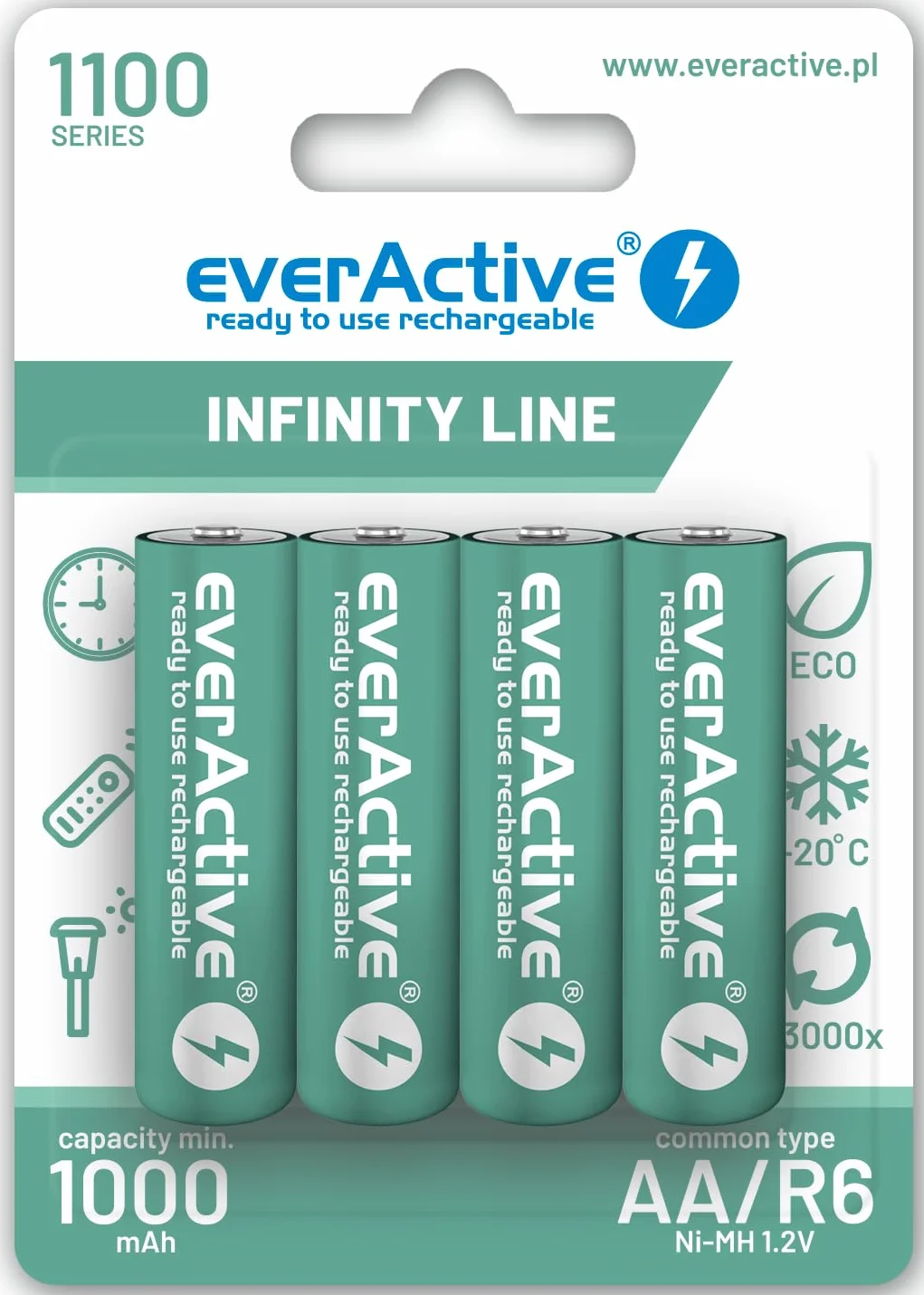 everActive Akumulator AA 1100 mAh 4 sztuki, Ni-MH, Mignon R6, ładowany, Infinity Line 1,2 V, 1 blister, zielony, EVHRL6-1100