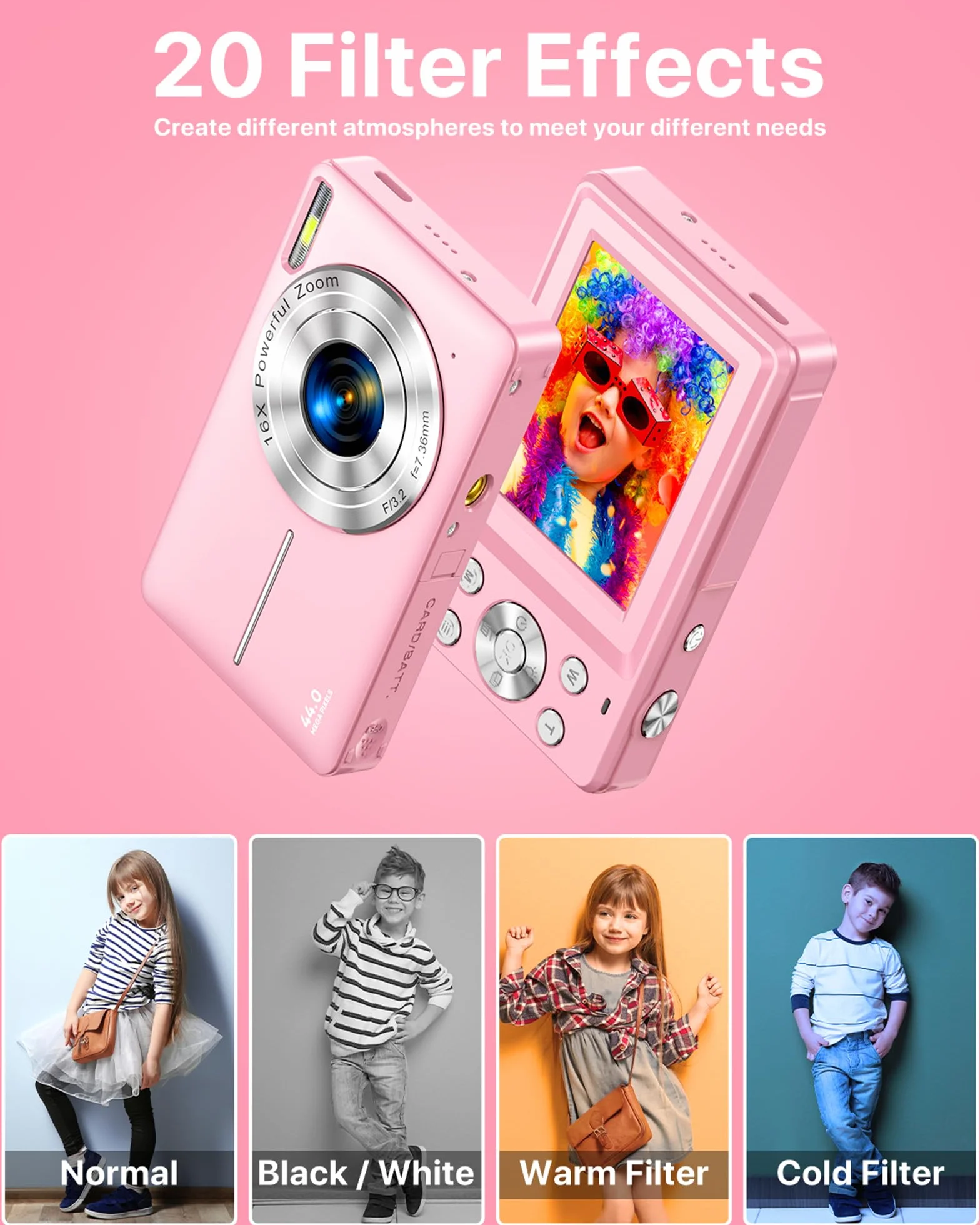 Kompaktowy aparat cyfrowy 1080P FHD 44 MP przenośny mini mały aparat fotograficzny z ekranem LCD 2,4 cala, 16-krotnym zoomem cyfrowym i 1 baterią kamera do vlogowania dla dzieci, dziewcząt, chłopców
