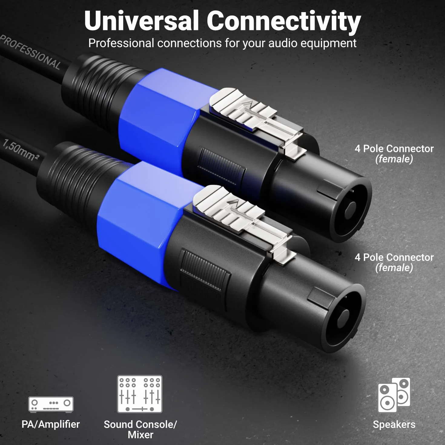 deleyCON 10m Kabel Głośnikowy PA 2x 1,5mm² AWG15 Miedź OFC Metalowa Blokada