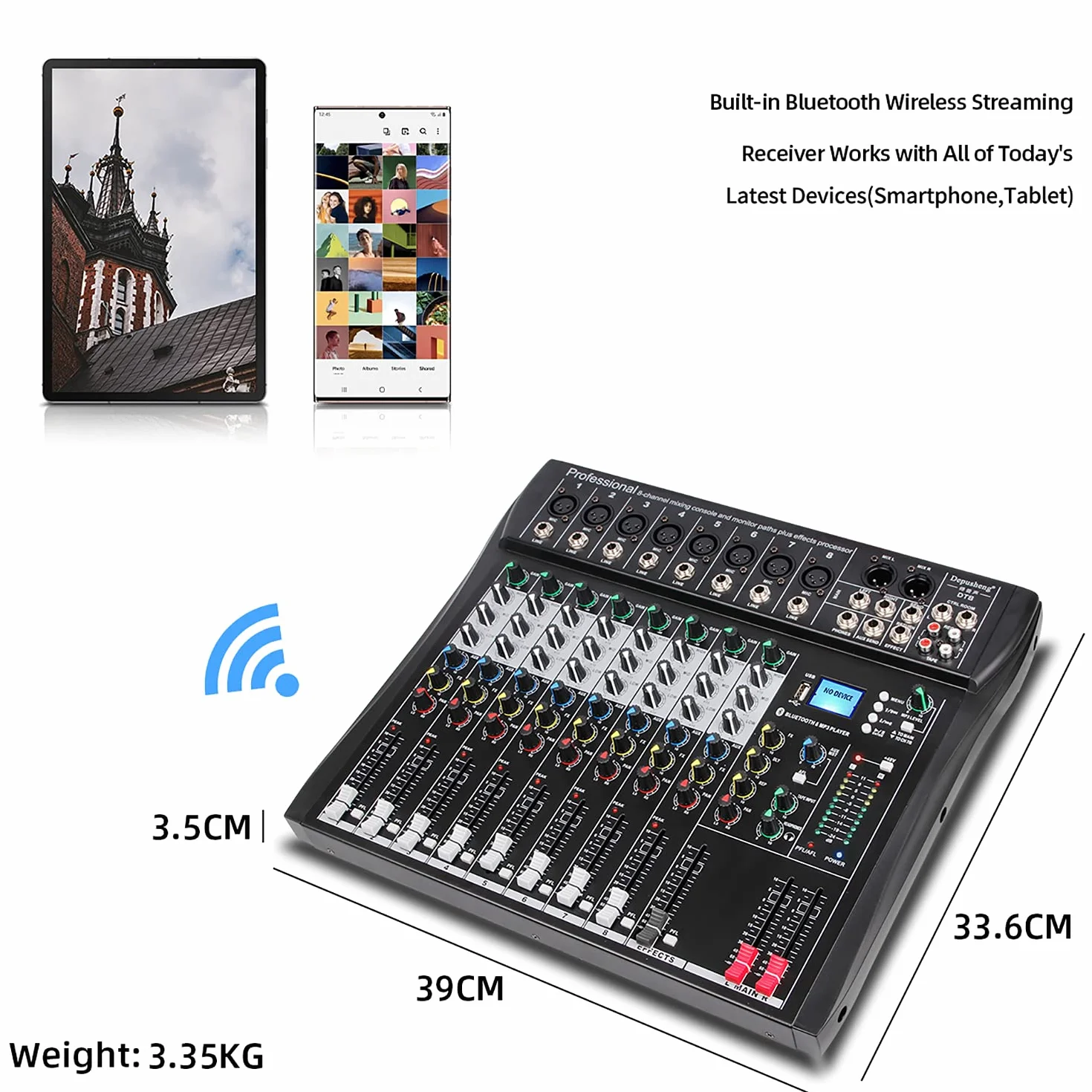 Depusheng DT8 profesjonalny mikser soundboard, konsola, 8-kanałowy system stołowy, interfejs cyfrowy, USB dla komputera i MP3, wejście Phantom 48 V, kolor czarny