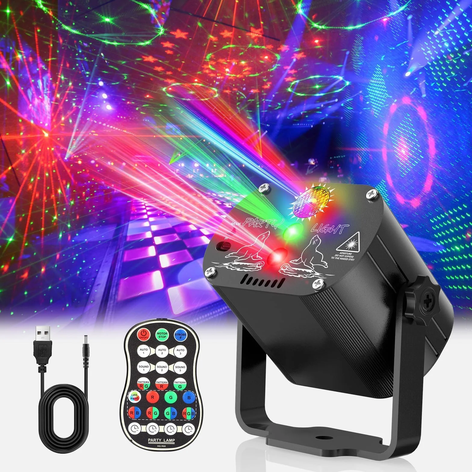 Lampa sceniczna, 60 efektów świetlnych Disco ze stroboskopem i pilotem, kula dyskotekowa z szerokim kątem sterowania muzyką, różne efekty świetlne RGBW USB Halloween, impreza, Boże Narodzenie