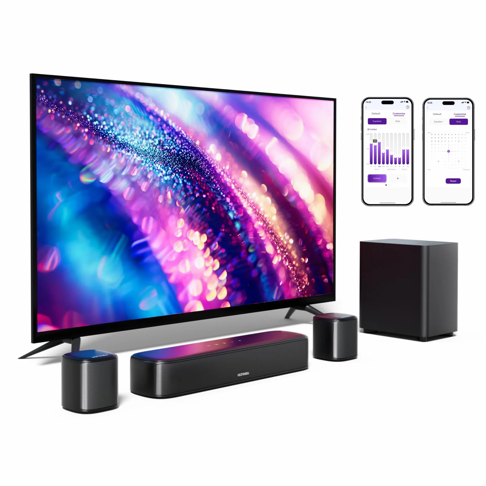 ULTIMEA 5.1 Surround Sound System, soundbar do TV z sterowaniem przez aplikację, soundbar z subwooferem, 2 głośniki surround, domowe kino z regulowanym basem,