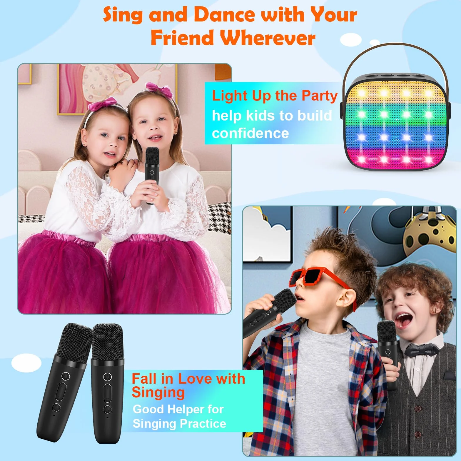 Maszyna do karaoke dla dzieci, mini z 2 mikrofonami, zabawka od 3-12 lat, prezent na mikrofon, przenośny głośnik Bluetooth z efektami głosowymi i diodami