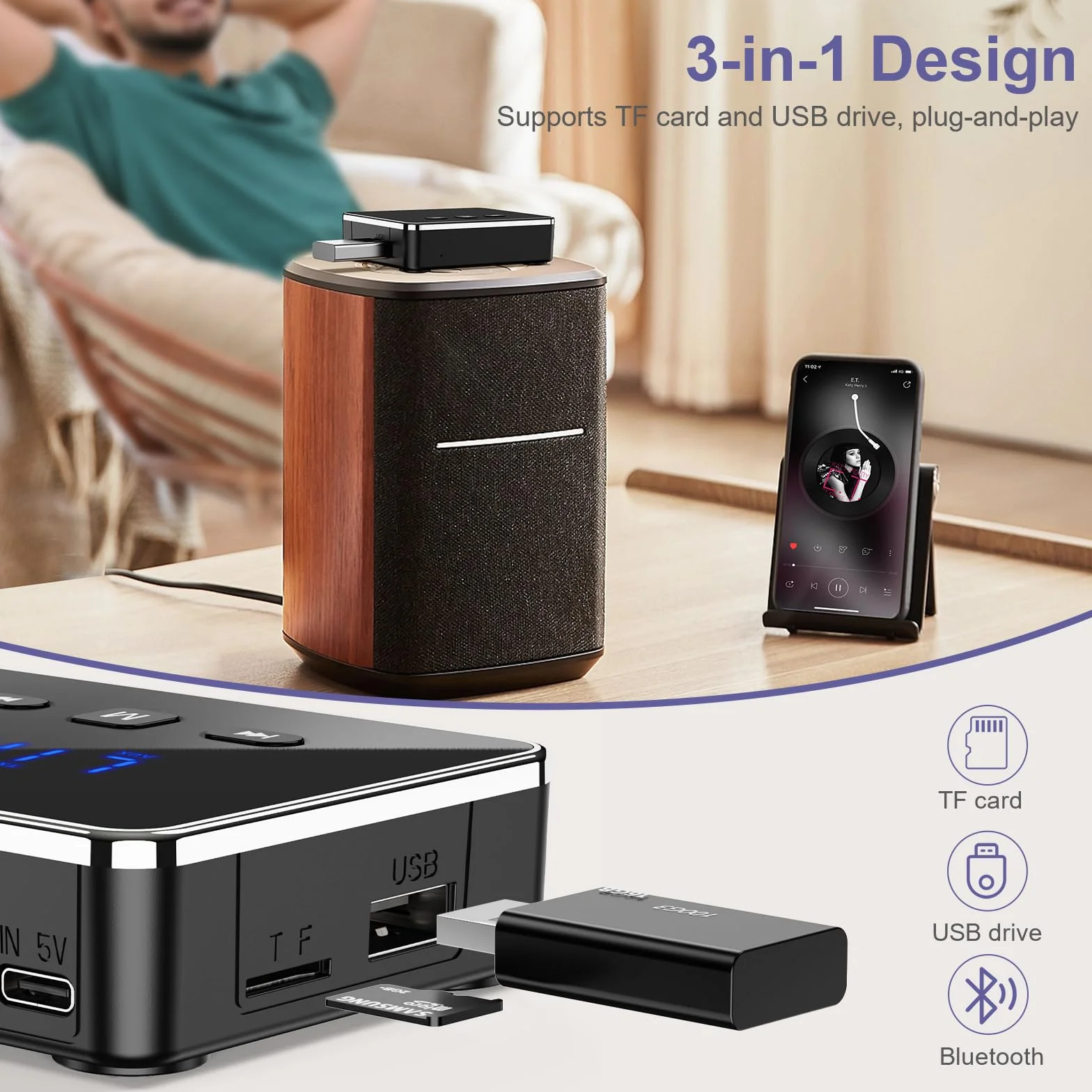 OQIMAXNadajnik Bluetooth 5.4, 3 w 1 adapter Bluetooth/AUX/RCA/optyczny, transmiter Low Latency, odbiornik do TV/PC, system stereo, obsługuje kartę TF/USB