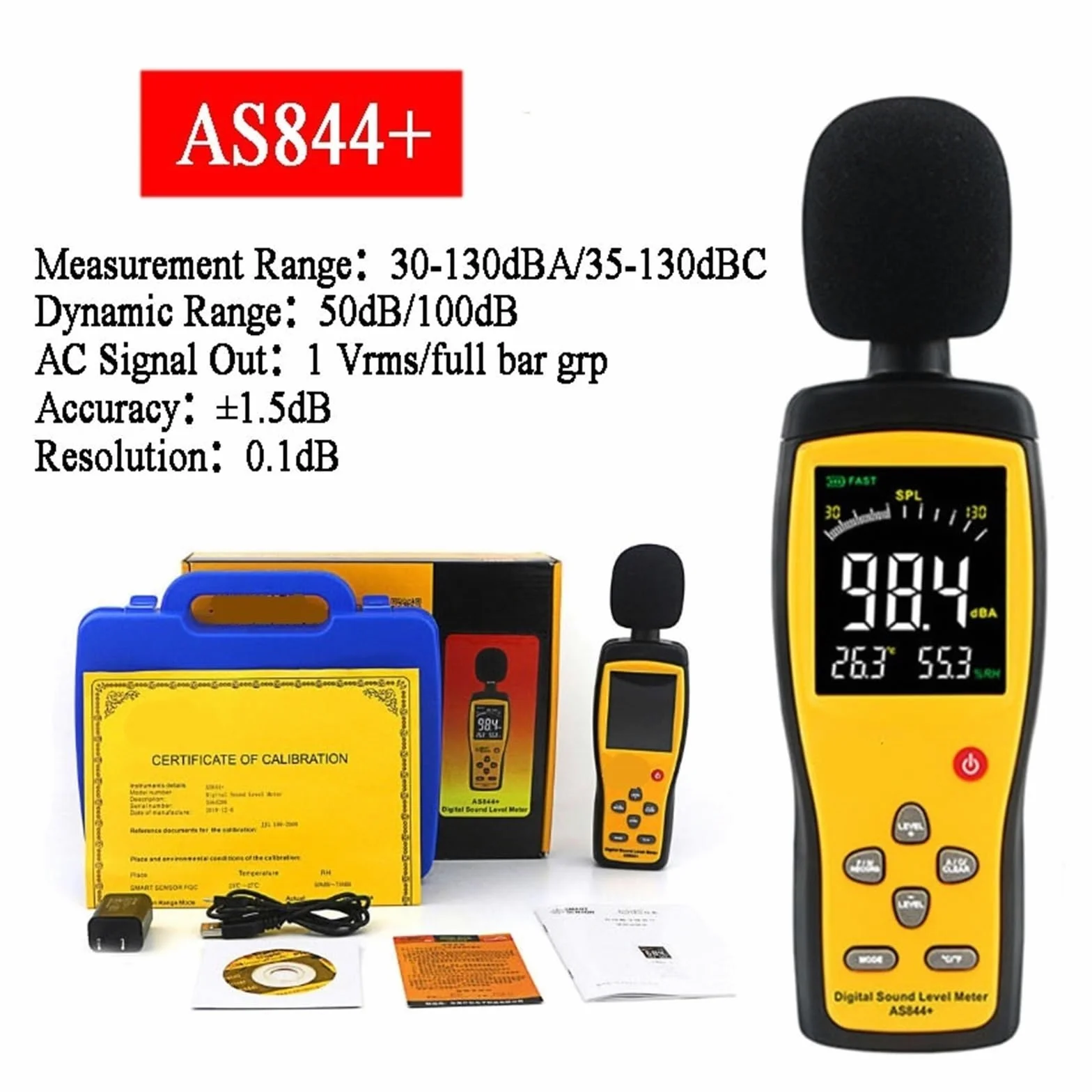 Czujnik hałasu INTELIGENTNY CZUJNIK AS834+ AS844+ Cyfrowy miernik poziomu dźwięku LCD Noisemeter 30-130dB Poziom hałasu Decybel Monitorowanie Tester Instrument | AS834 Plus