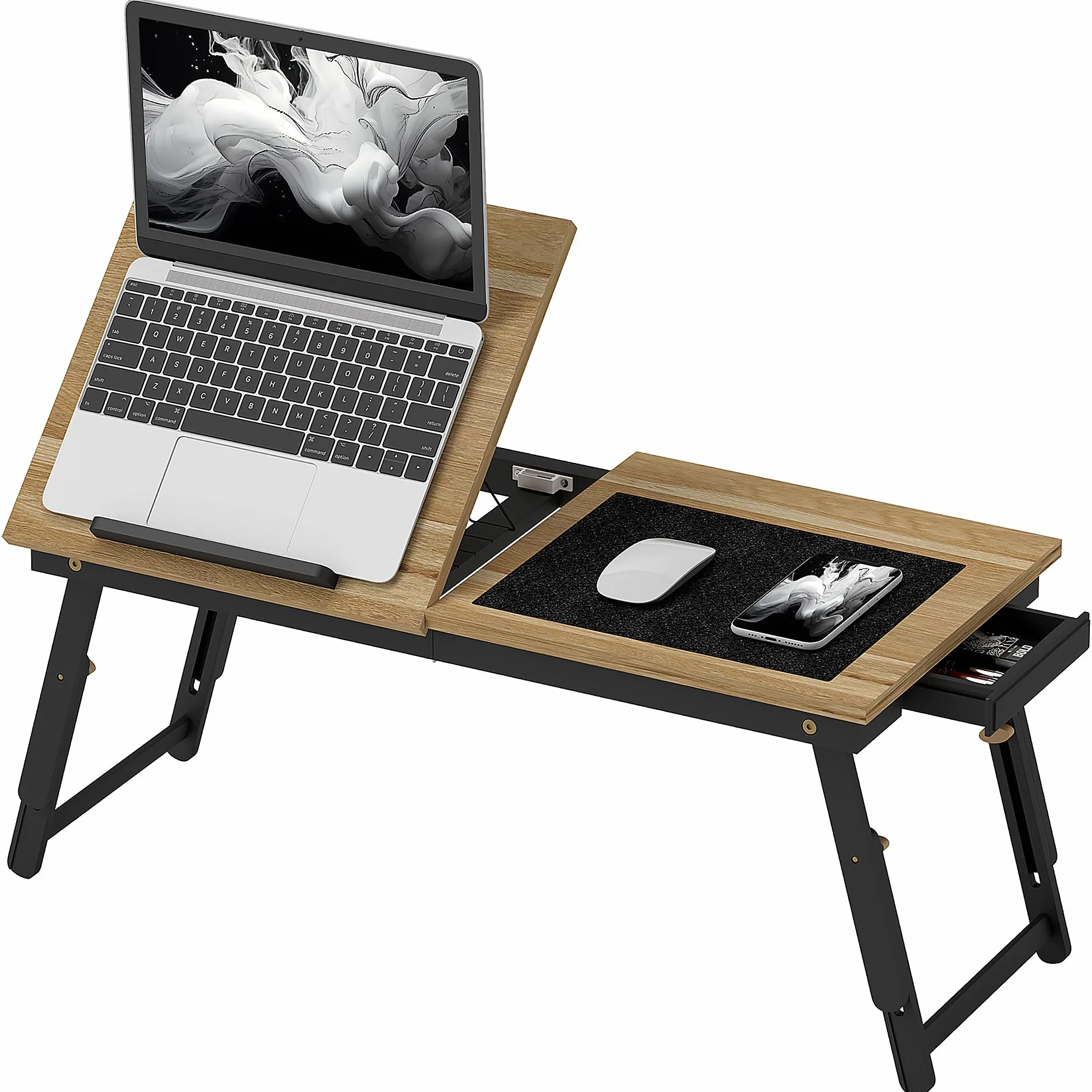 HOMCOM Składany i regulowany stolik na łóżko, blat łóżka na laptopa z półką, szufladą, bambusowe biurko do łóżka, 86 l x 33P x 22,5-32H cm, dąb