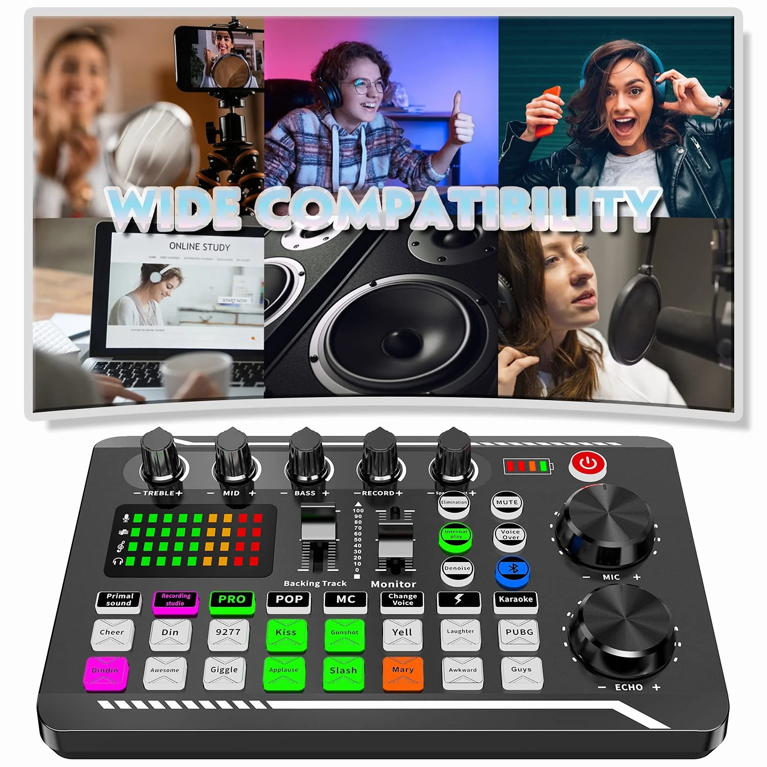 ALLWIN Karta dźwiękowa na żywo i interfejs audio z efektami miksera DJ i zmieniaczem głosu, mikser audio stereo Bluetooth F998, do strumieniowania na żywo YouTube, komputera, studia nagrań i gier