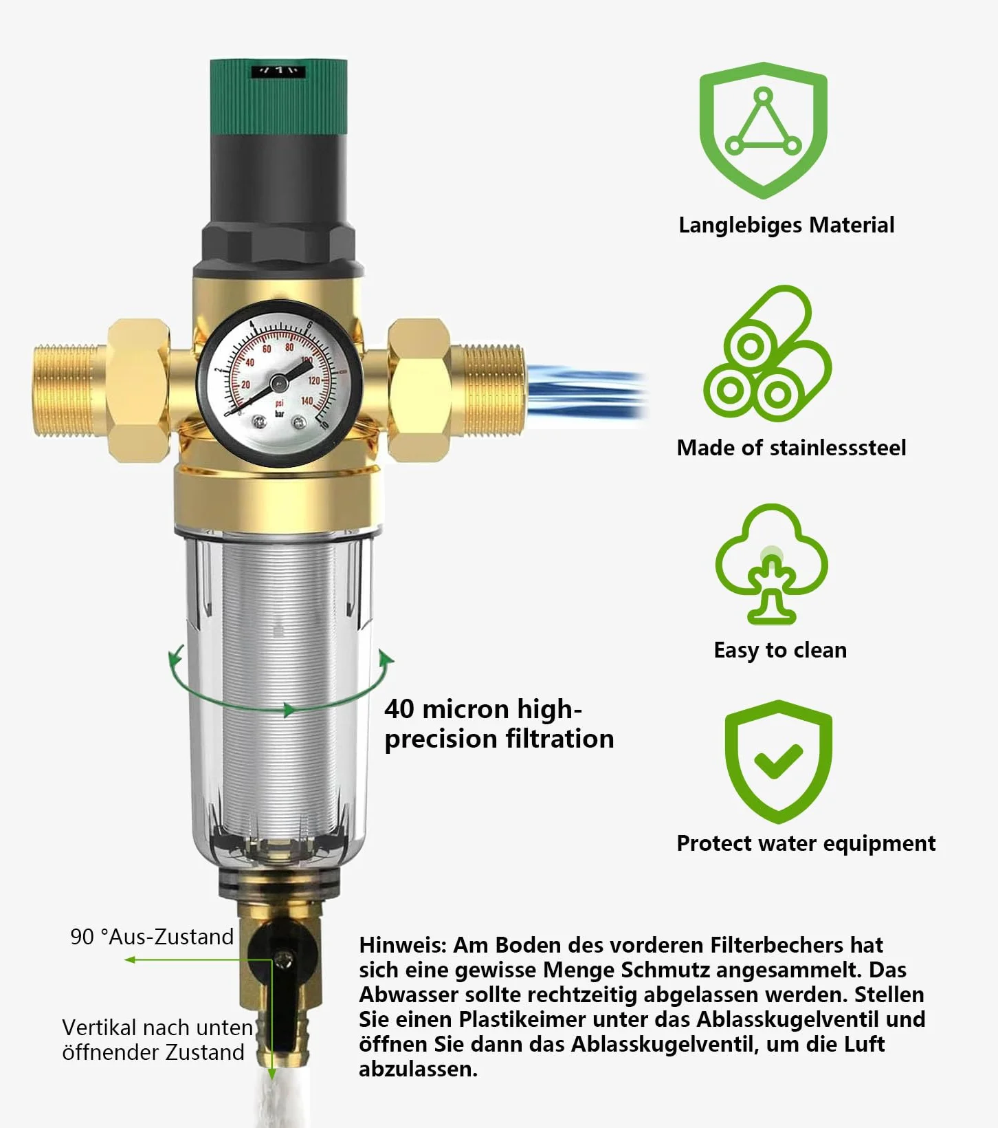 6 sztuk filtrów do płukania zwrotnego z reduktorem ciśnienia i manometrem, filtr wody, przyłącze domowe 3/4 cala, DN 20, filtr wstępny, filtr osadowy, regulator ciśnienia wielokrotnego użytku
