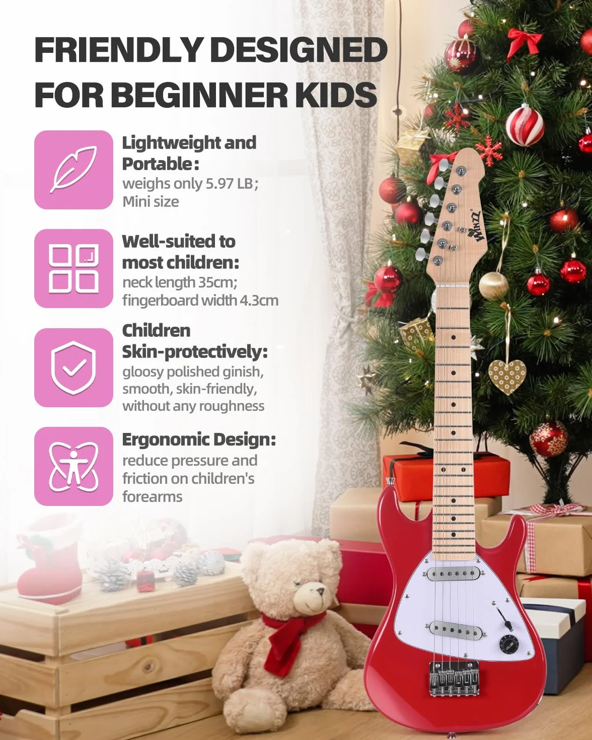 Winzz Zestaw gitarowy dla dzieci 30-calowy, mini gitara elektryczna juniorska (rozmiar 1/4) dla dzieci, kompletny zestaw dla początkujących z wzmacniaczem, połyskujący kolor czerwony