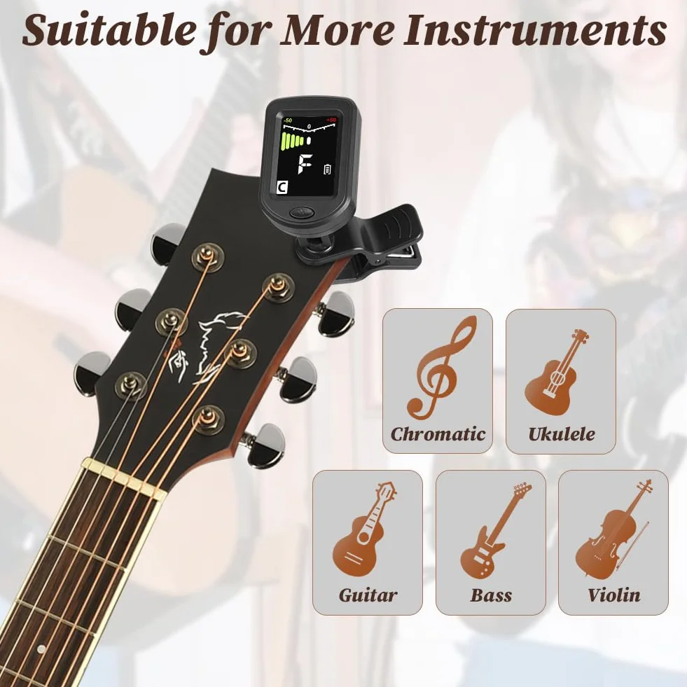 Tuner gitarowy z możliwością ładowania, tuner gitarowy, klips, cyfrowy tuner akcesoriów gitarowych z kolorowym wyświetlaczem LCD, klips do tunera gitarowego z kablem typu C, do gitary